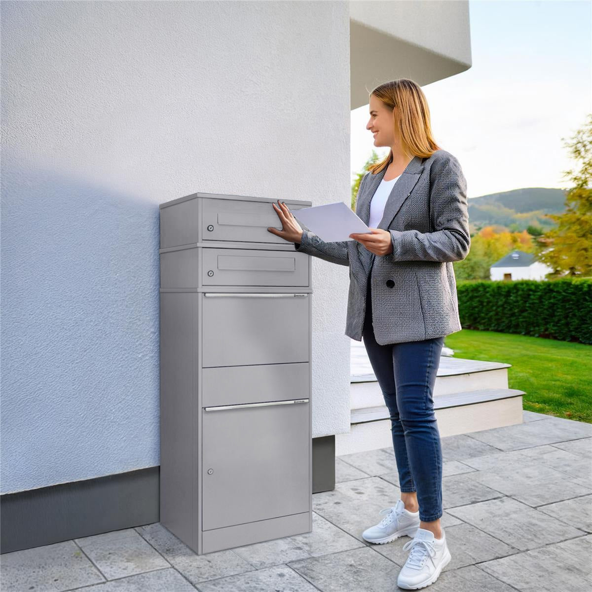 Metzler Paketbox mit 2 Briefkästen | zweifacher Briefeinwurf | für Pakete bis zur Größe M | rostfrei | Bispo