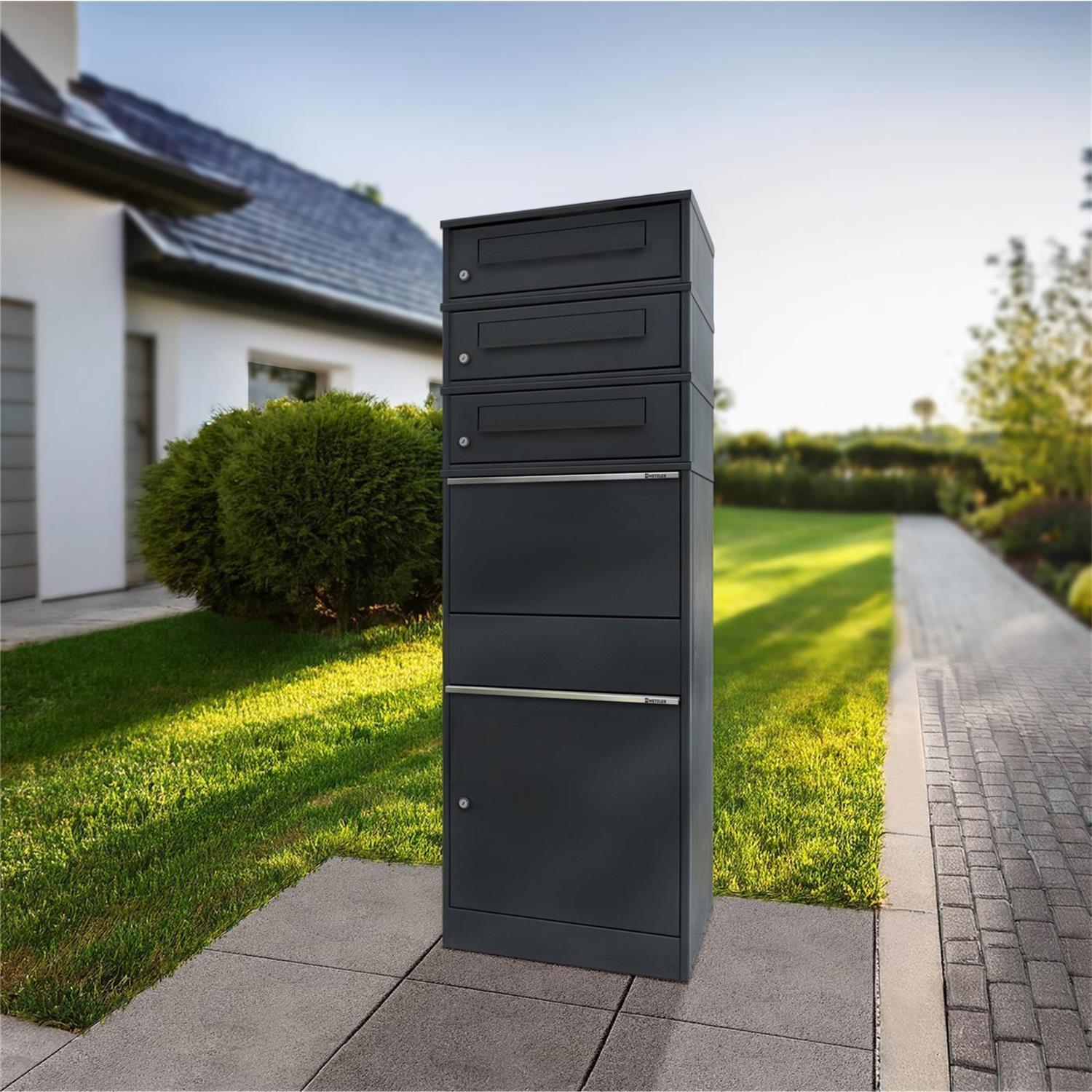 Metzler Paketbox mit 3 Briefkästen | dreifacher Briefeinwurf | für Pakete bis zur Größe M | rostfrei | Bispo