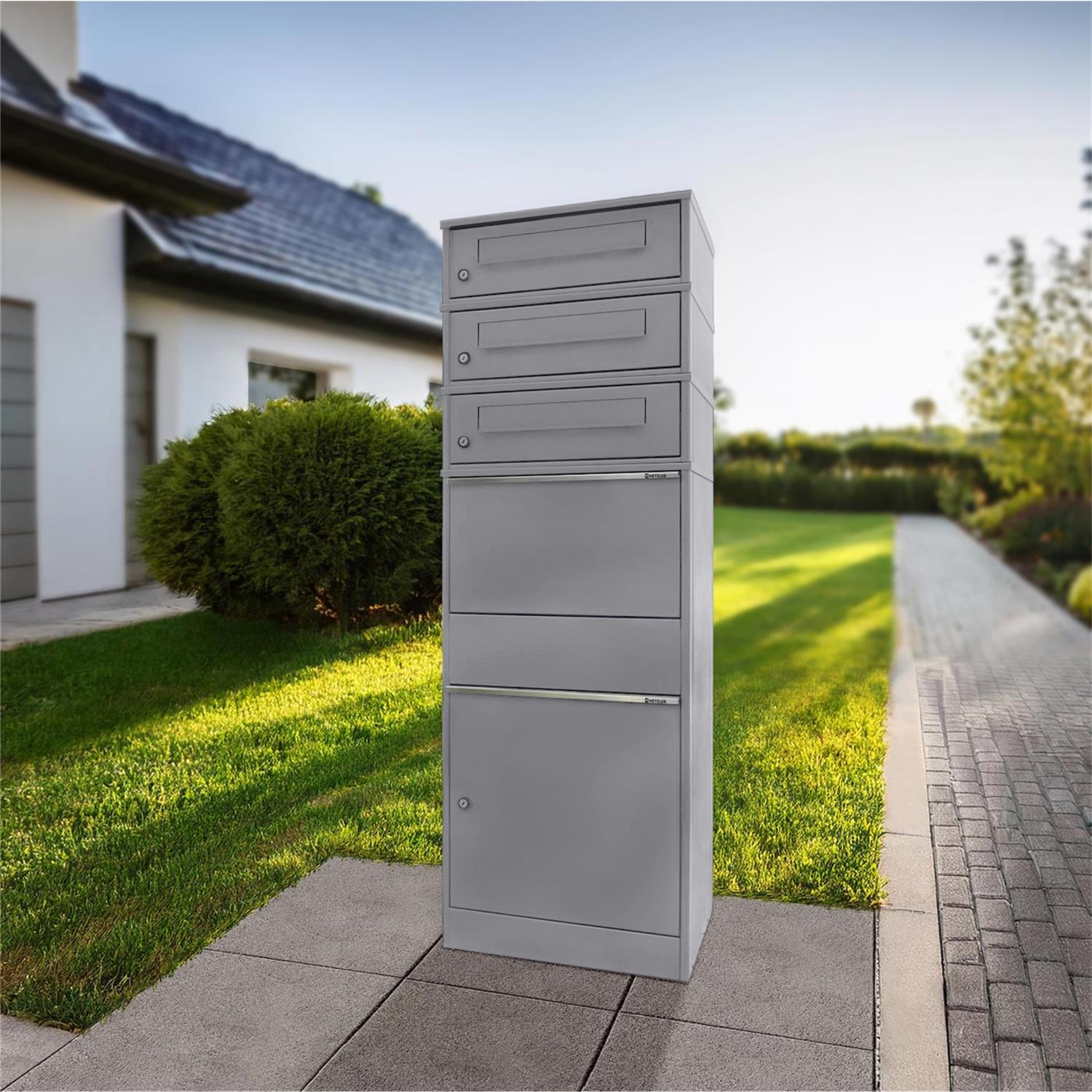 Metzler Paketbox mit 3 Briefkästen | dreifacher Briefeinwurf | für Pakete bis zur Größe M | rostfrei | Bispo