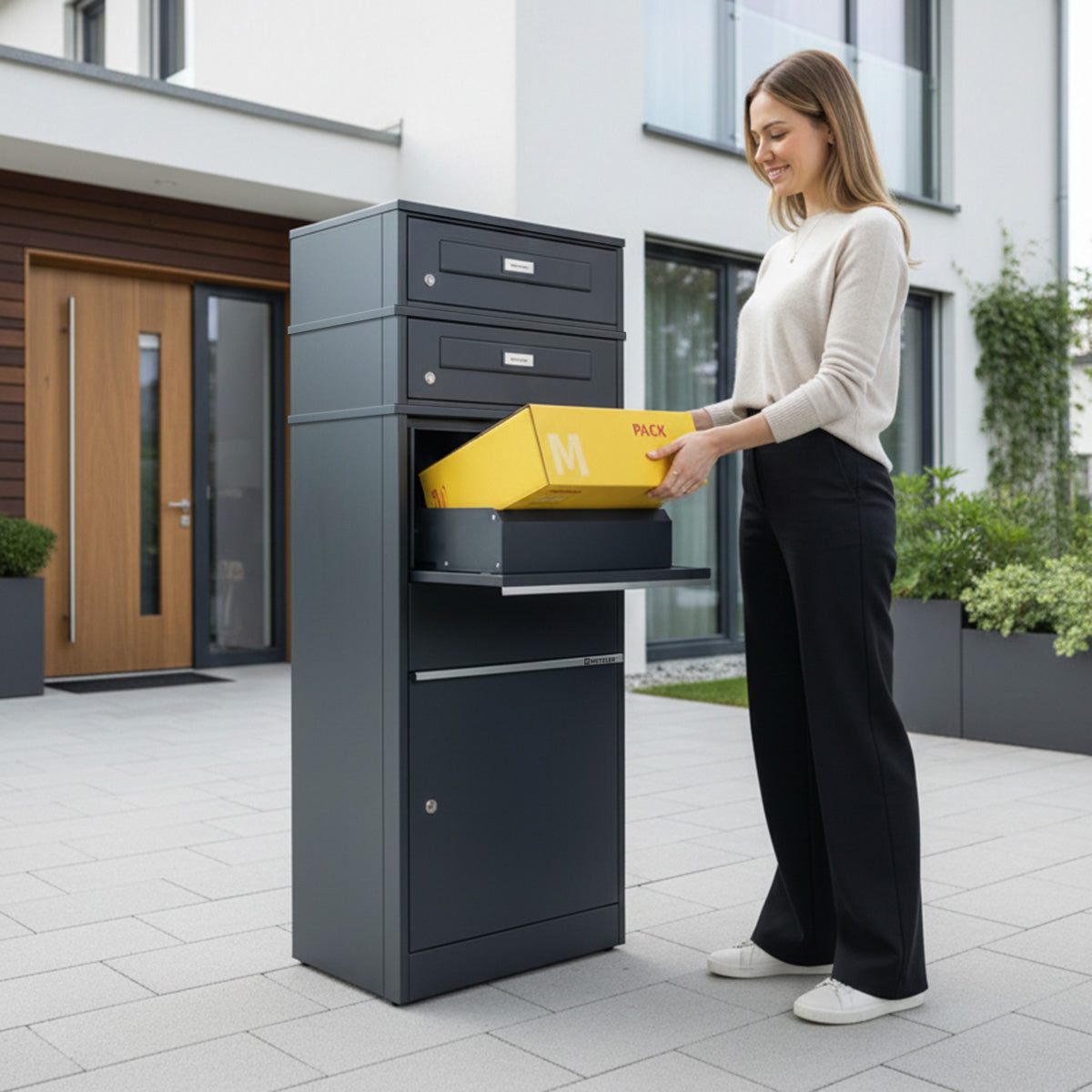 Metzler Paketbox mit 2 Briefkästen mit austauschbaren Namensschildern | für Pakete bis zur Größe M | Bispo RE