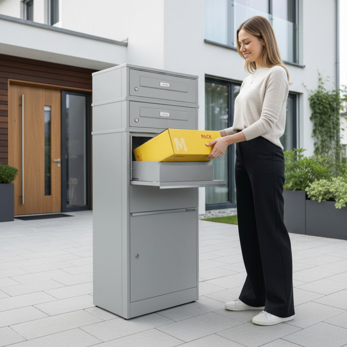 Metzler Paketbox mit 2 Briefkästen mit austauschbaren Namensschildern | für Pakete bis zur Größe M | Bispo RE