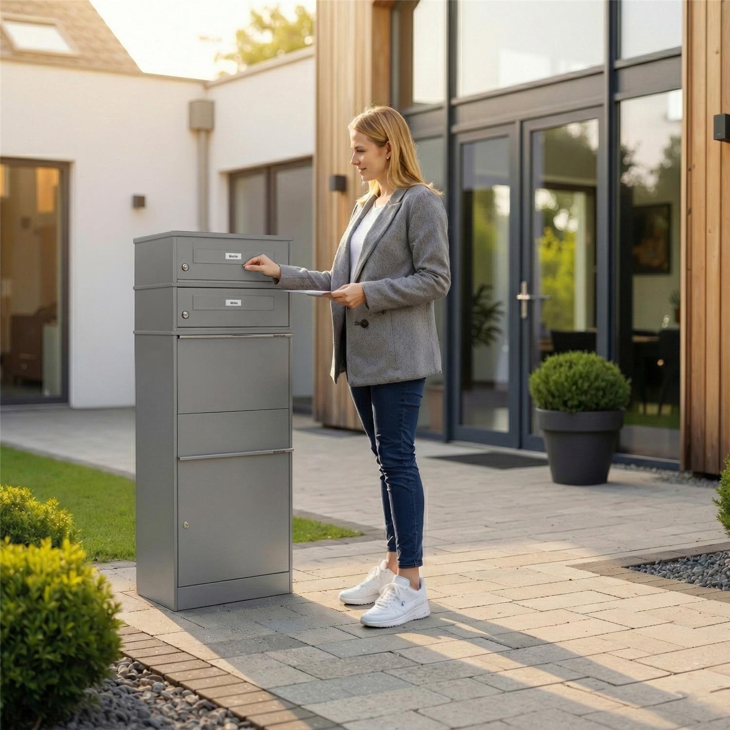 Metzler Paketbox mit 2 Briefkästen mit austauschbaren Namensschildern | für Pakete bis zur Größe M | Bispo RE