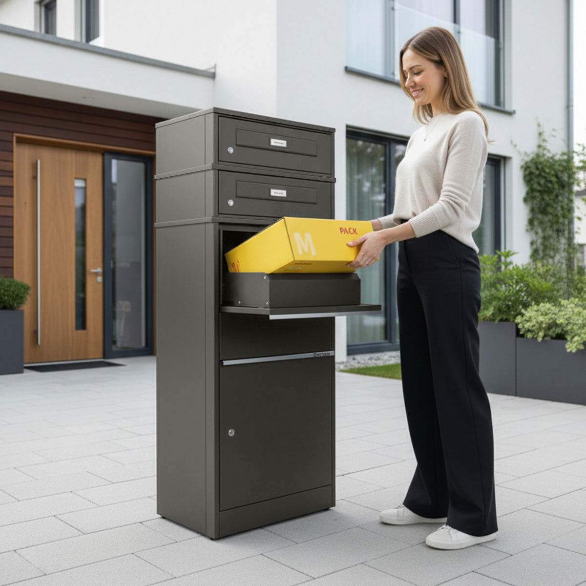 Metzler Paketbox mit 2 Briefkästen mit austauschbaren Namensschildern | für Pakete bis zur Größe M | Bispo RE