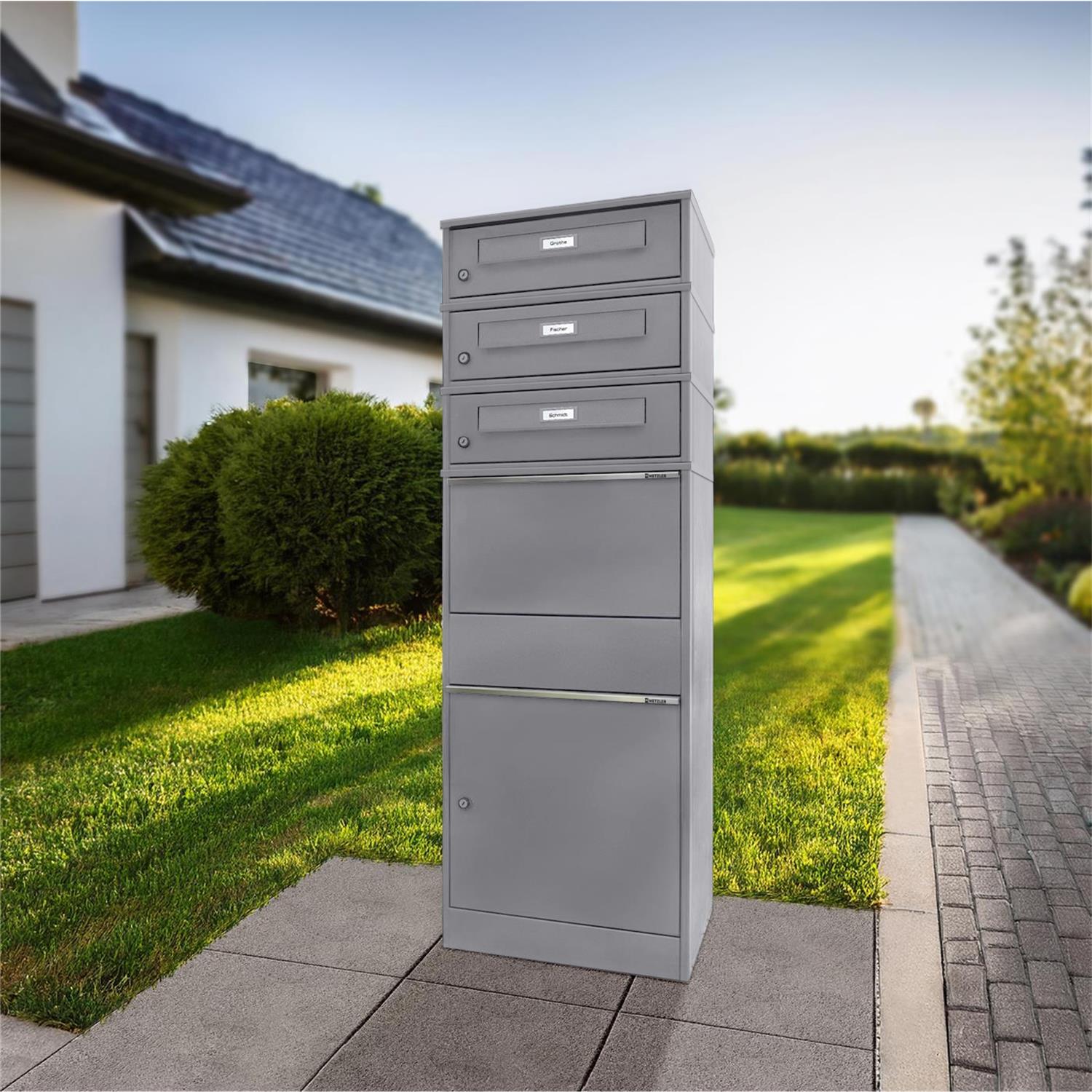 Metzler Paketbox mit 3 Briefkästen mit austauschbaren Namensschildern | für Pakete bis zur Größe M | Bispo RE