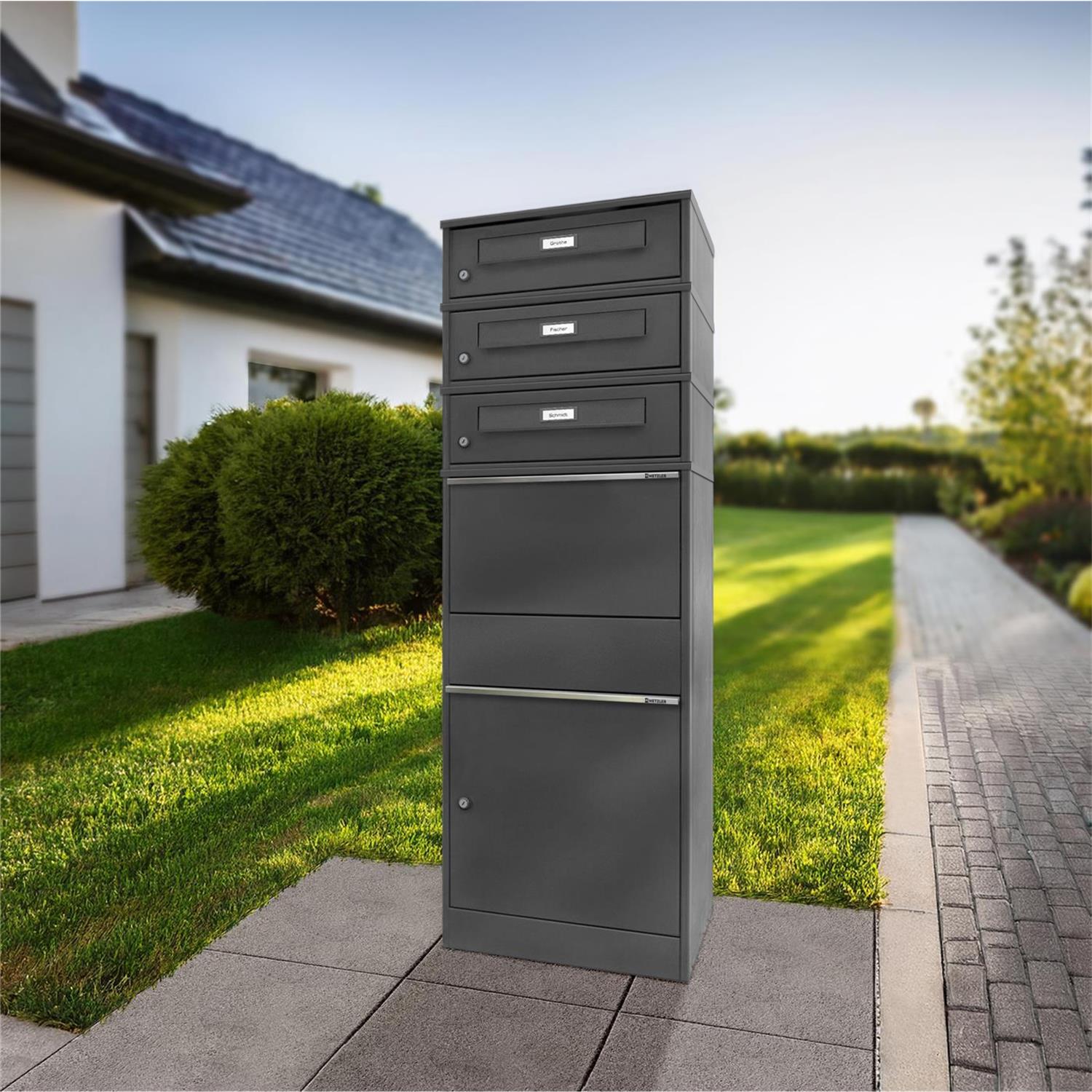 Metzler Paketbox mit 3 Briefkästen mit austauschbaren Namensschildern | für Pakete bis zur Größe M | Bispo RE