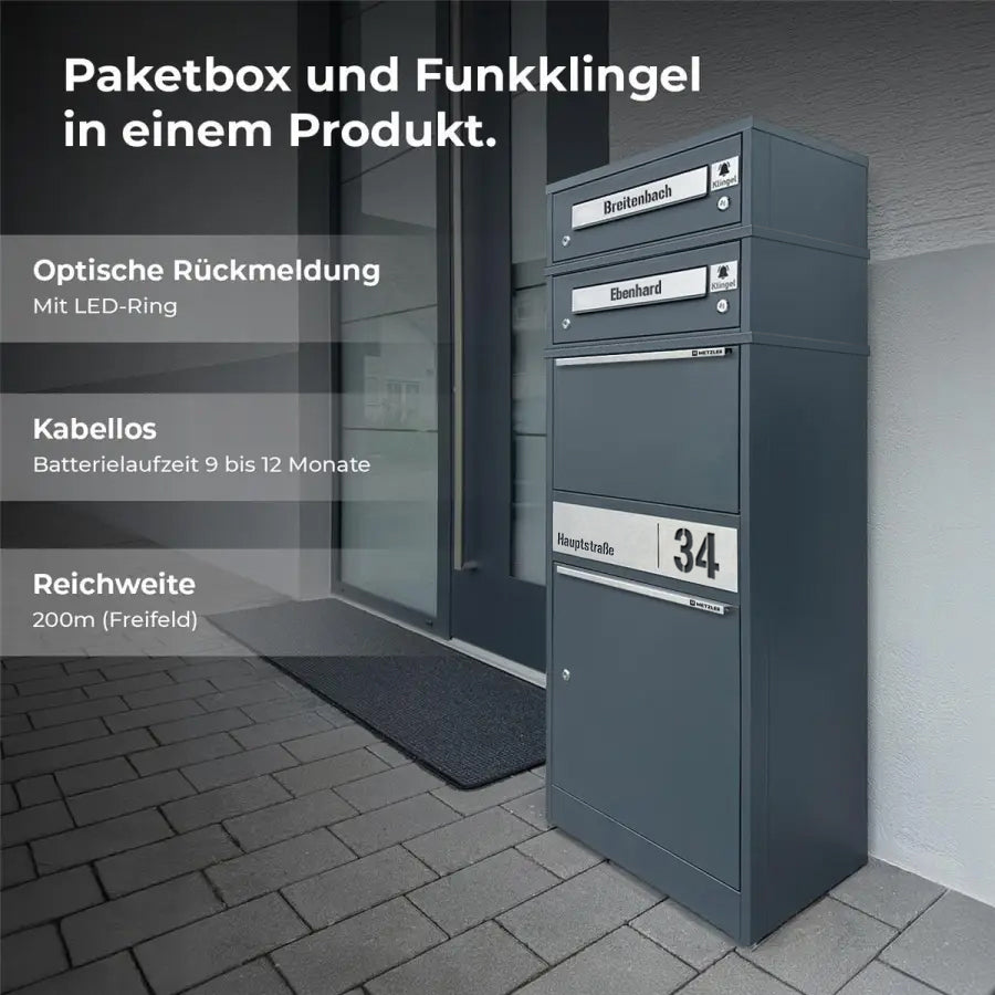 Metzler Funk-Paketbox mit Klingel & Briefkasten |  personalisiert mit Gravur | Edelstahl-Namensschilder | Bispo Funk