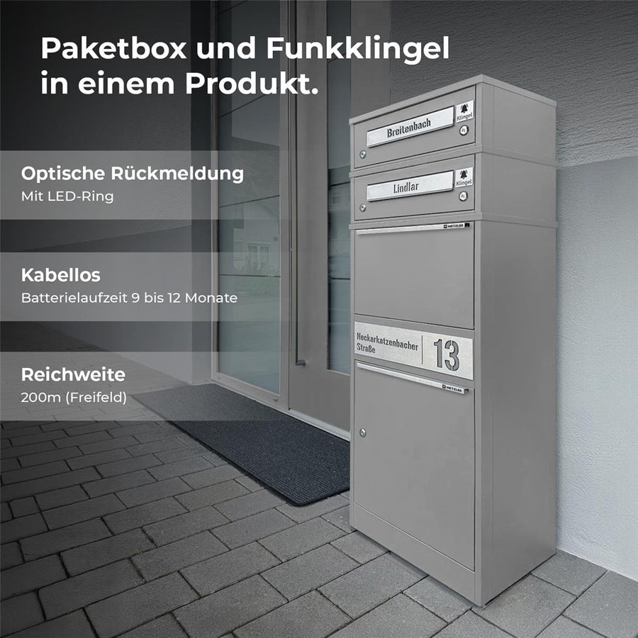 Metzler Funk-Paketbox mit Klingel & Briefkasten |  personalisiert mit Gravur | Edelstahl-Namensschilder | Bispo Funk