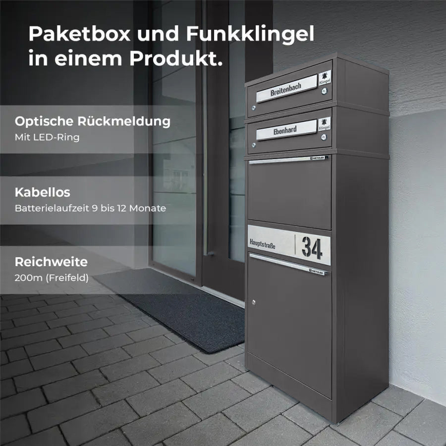 Metzler Funk-Paketbox mit Klingel & Briefkasten |  personalisiert mit Gravur | Edelstahl-Namensschilder | Bispo Funk