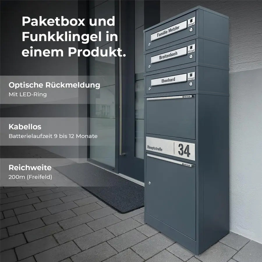 Metzler Funk-Paketbox mit Klingel & Briefkasten |  personalisiert mit Gravur | Edelstahl-Namensschilder | Bispo Funk