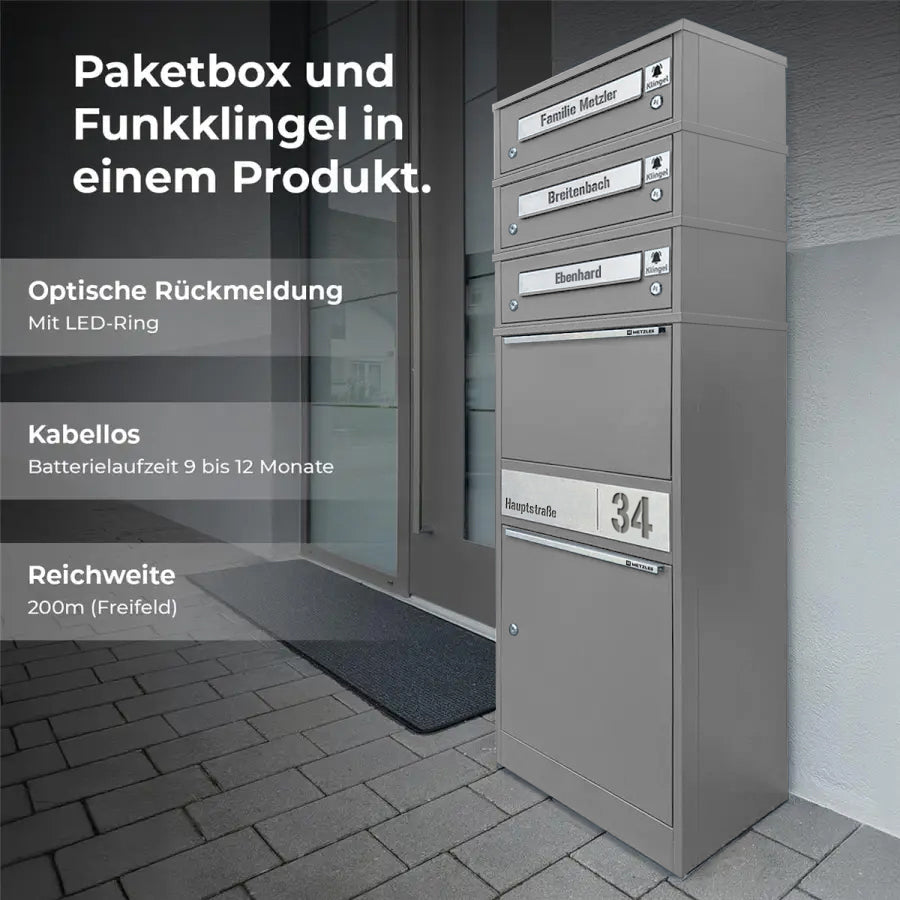 Metzler Funk-Paketbox mit Klingel & Briefkasten |  personalisiert mit Gravur | Edelstahl-Namensschilder | Bispo Funk
