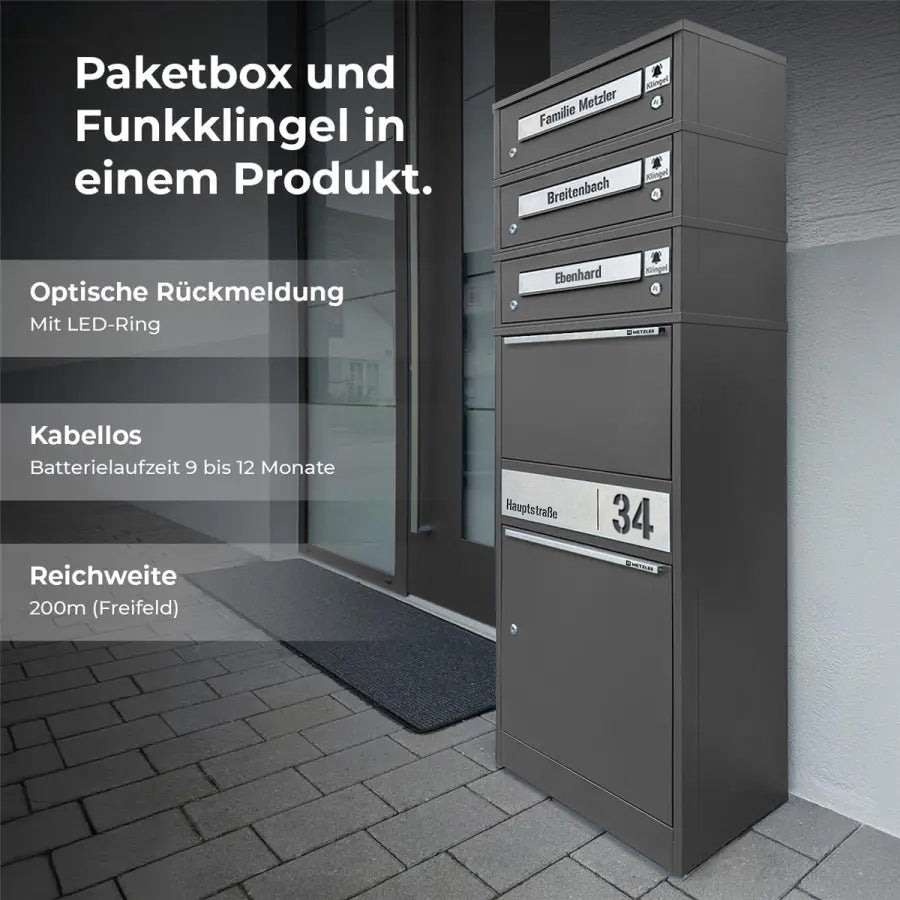 Metzler Funk-Paketbox mit Klingel & Briefkasten |  personalisiert mit Gravur | Edelstahl-Namensschilder | Bispo Funk