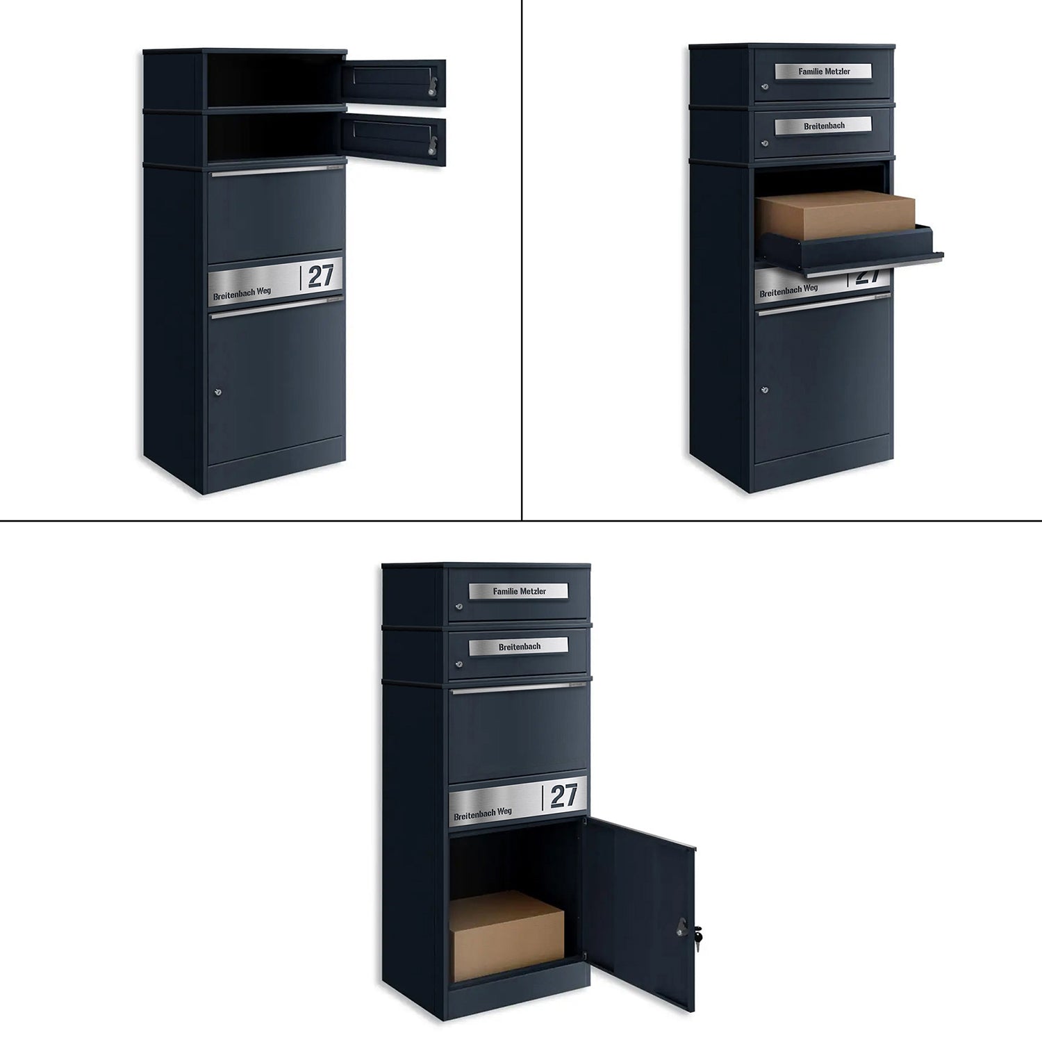 Metzler Paketbox mit 2 Briefkästen | personalisiert mit Gravur | Edelstahl-Namensschild | mit Briefeinwurf | Bispo 2