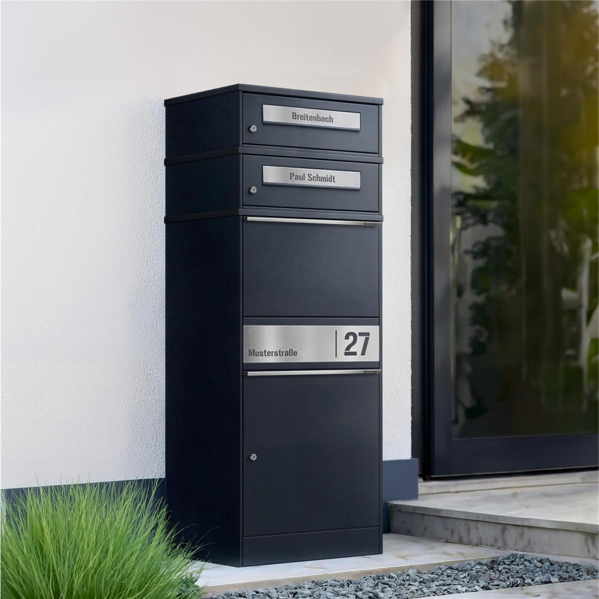 Metzler Paketbox mit 2 Briefkästen | personalisiert mit Gravur | Edelstahl-Namensschild | mit Briefeinwurf | Bispo 2