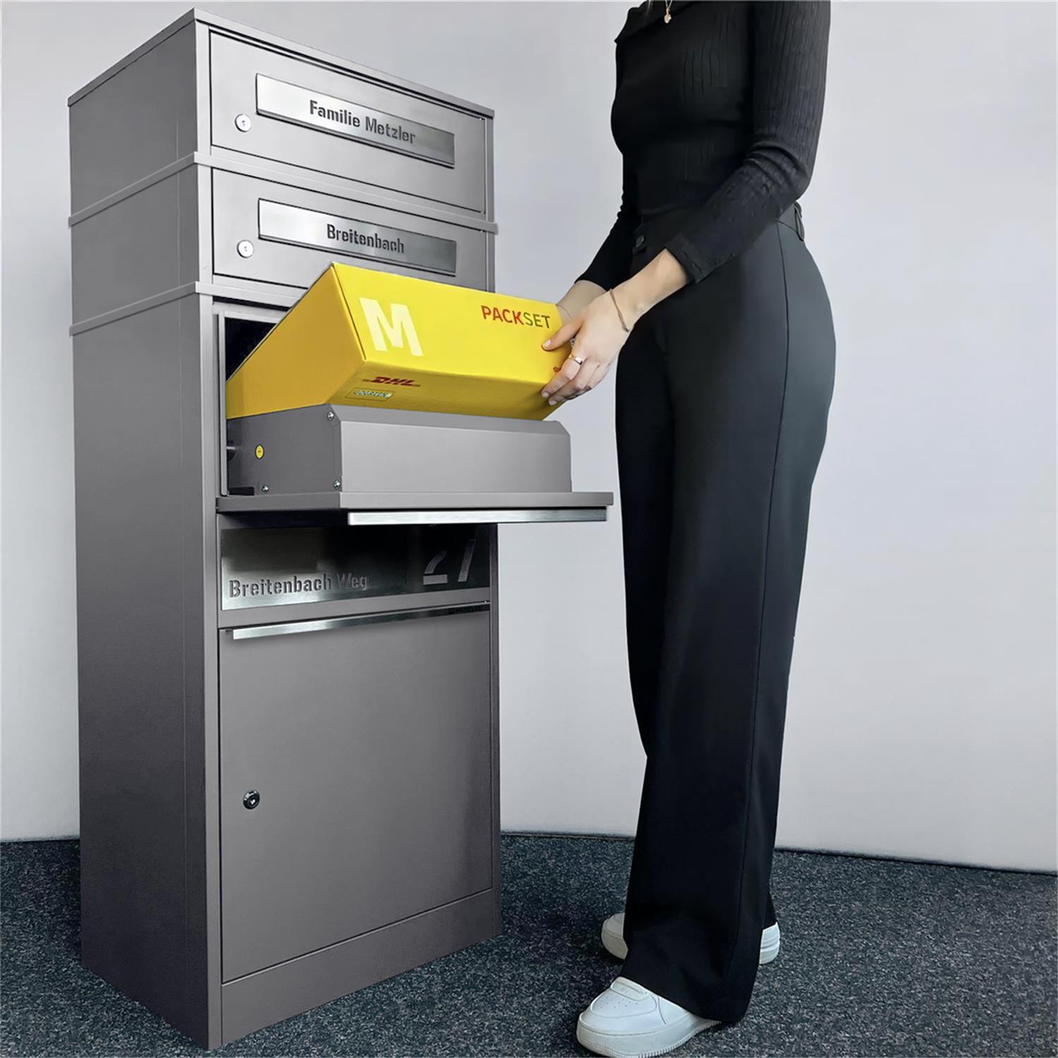 Metzler Paketbox mit 2 Briefkästen | personalisiert mit Gravur | Edelstahl-Namensschild | mit Briefeinwurf | Bispo 2