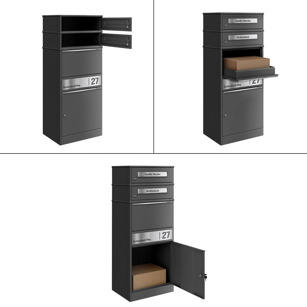 Metzler Paketbox mit 2 Briefkästen | personalisiert mit Gravur | Edelstahl-Namensschild | mit Briefeinwurf | Bispo 2