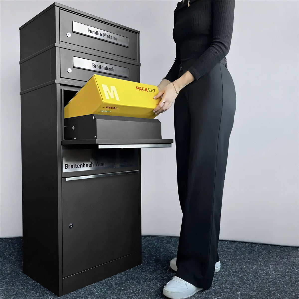 Metzler Paketbox mit 2 Briefkästen | personalisiert mit Gravur | Edelstahl-Namensschild | mit Briefeinwurf | Bispo 2