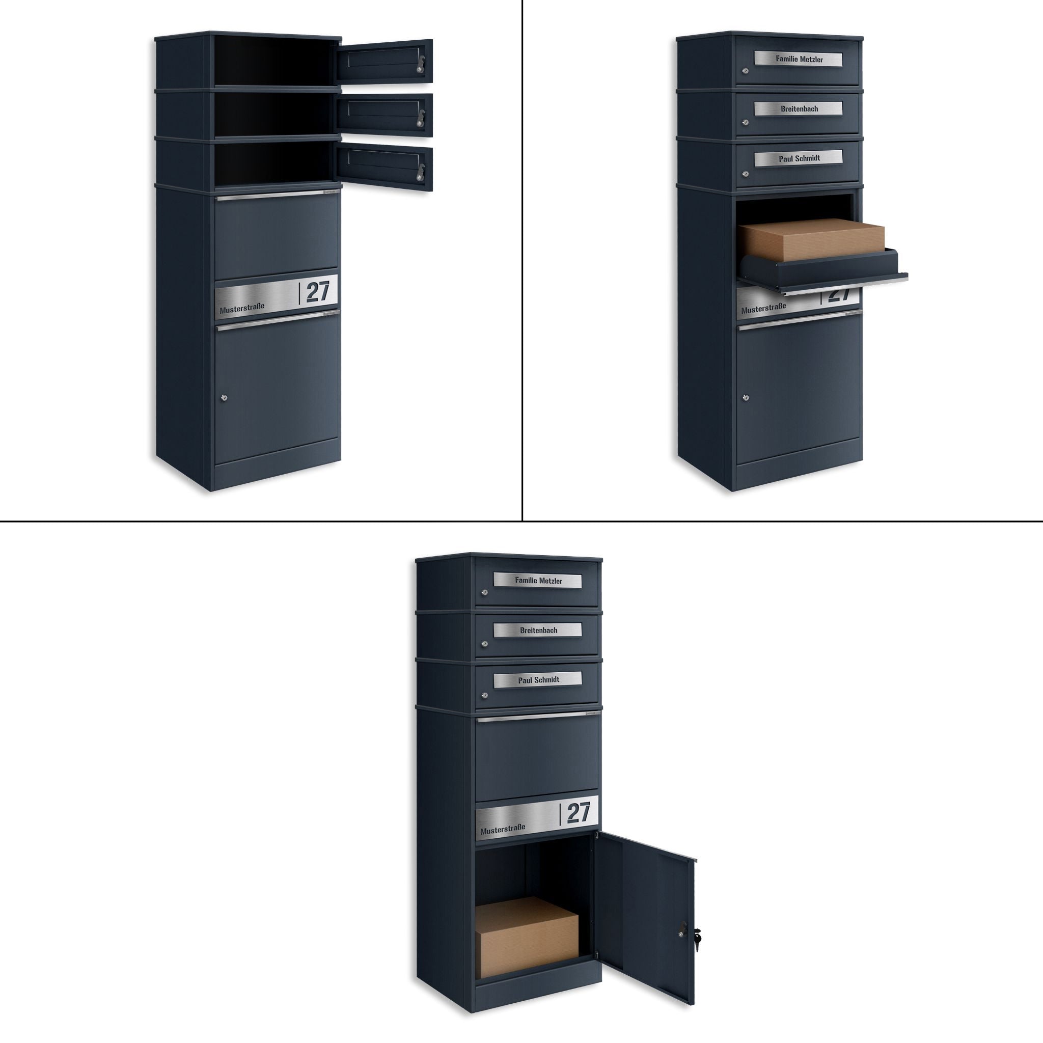 Metzler Paketbox mit 3 Briefkästen | personalisiert mit Gravur | Edelstahl-Namensschild | mit Briefeinwurf | Bispo 2
