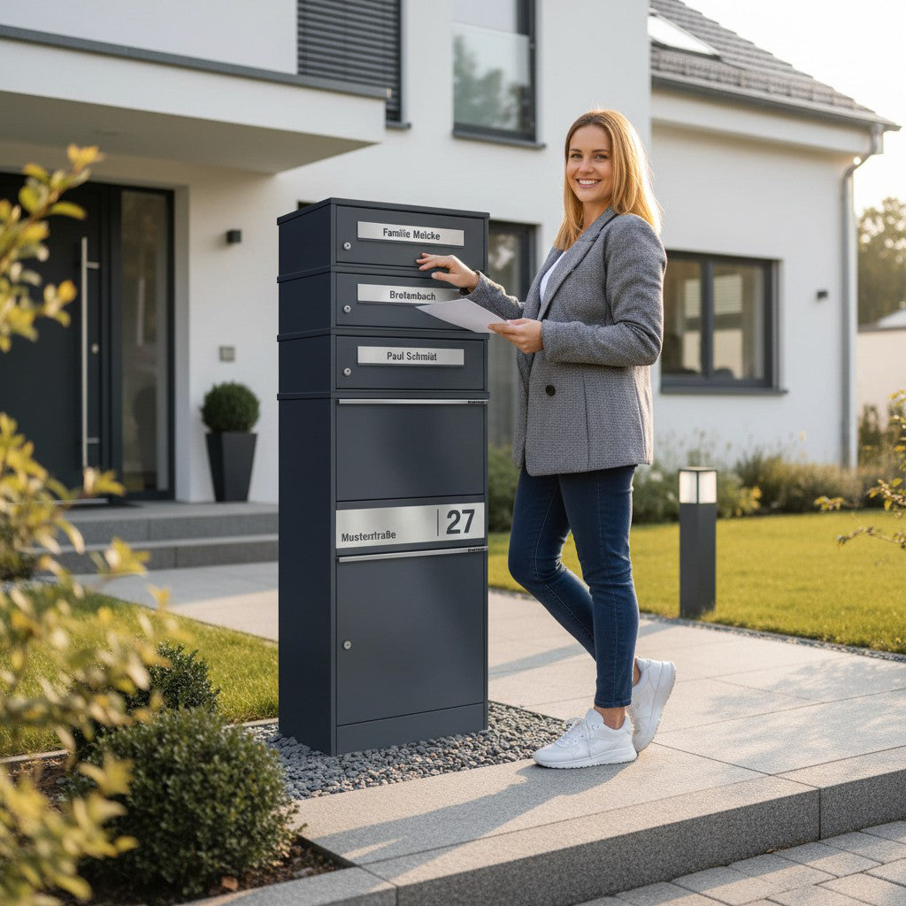 Metzler Paketbox mit 3 Briefkästen | personalisiert mit Gravur | Edelstahl-Namensschild | mit Briefeinwurf | Bispo 2