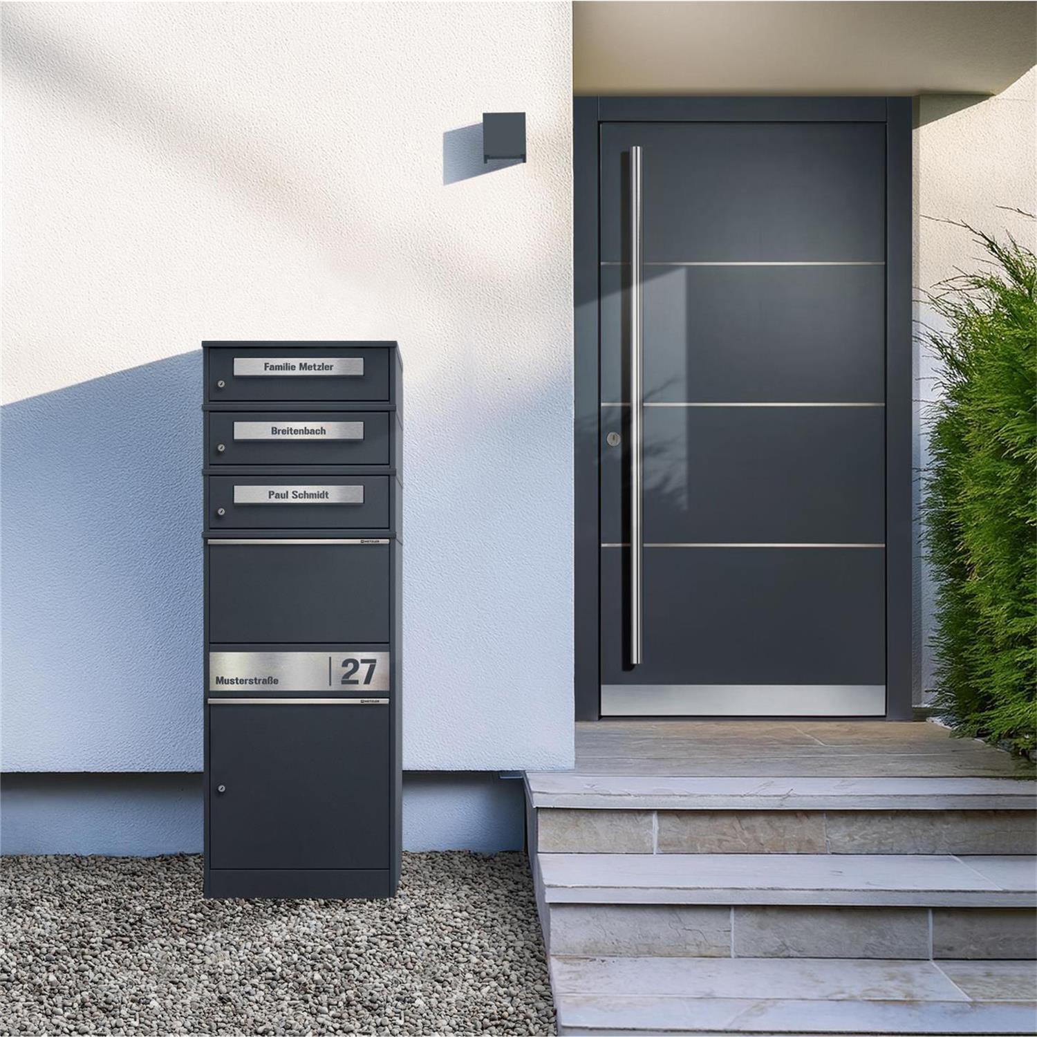 Metzler Paketbox mit 3 Briefkästen | personalisiert mit Gravur | Edelstahl-Namensschild | mit Briefeinwurf | Bispo 2