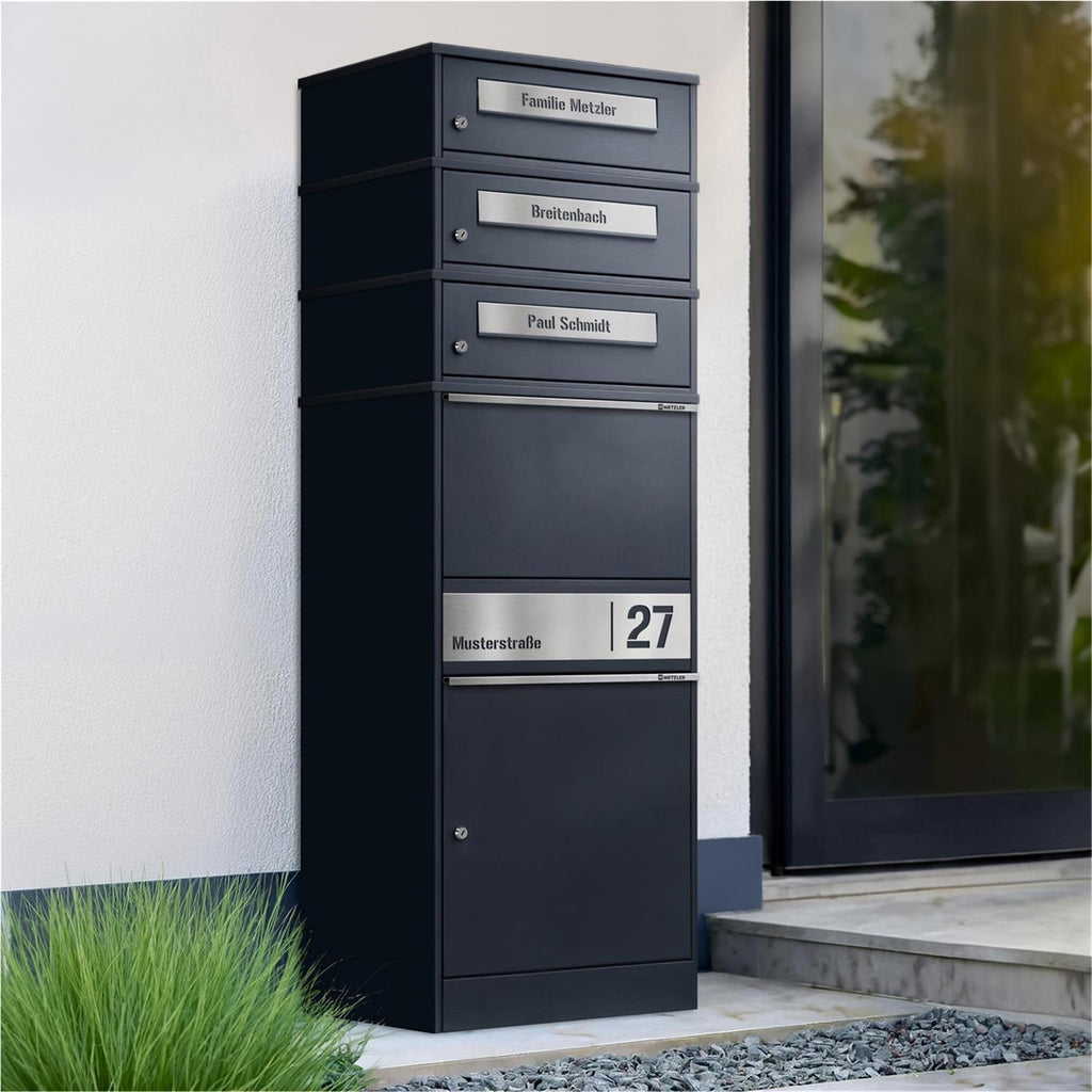 Metzler Paketbox mit 3 Briefkästen | personalisiert mit Gravur | Edelstahl-Namensschild | mit Briefeinwurf | Bispo 2