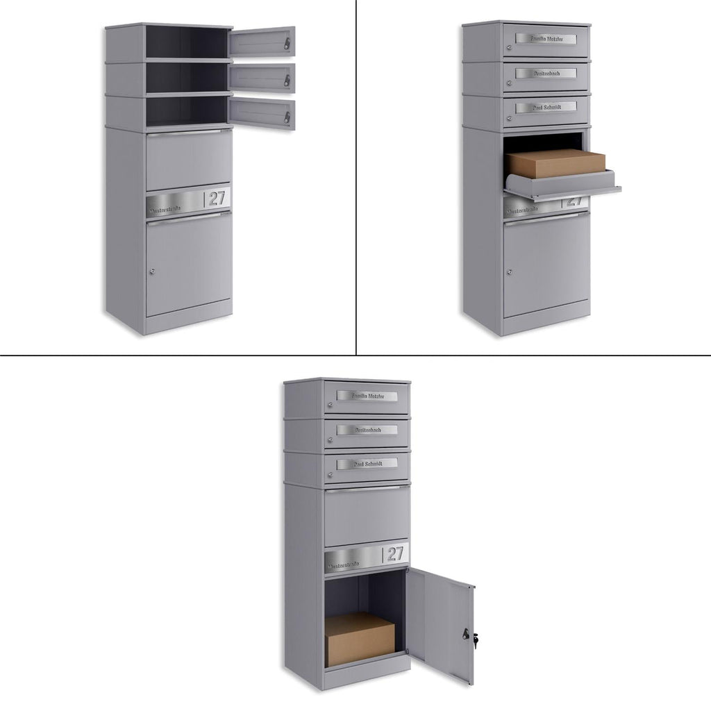 Metzler Paketbox mit 3 Briefkästen | personalisiert mit Gravur | Edelstahl-Namensschild | mit Briefeinwurf | Bispo 2