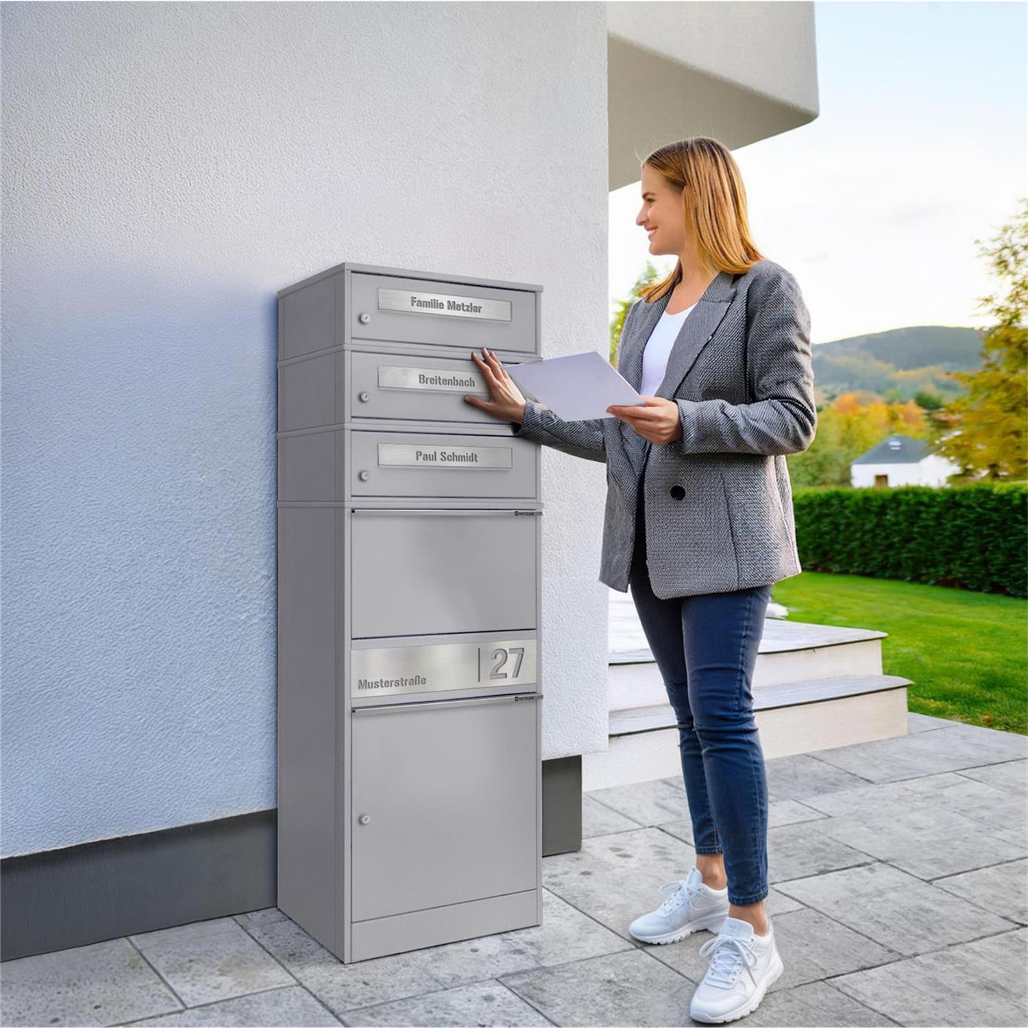 Metzler Paketbox mit 3 Briefkästen | personalisiert mit Gravur | Edelstahl-Namensschild | mit Briefeinwurf | Bispo 2