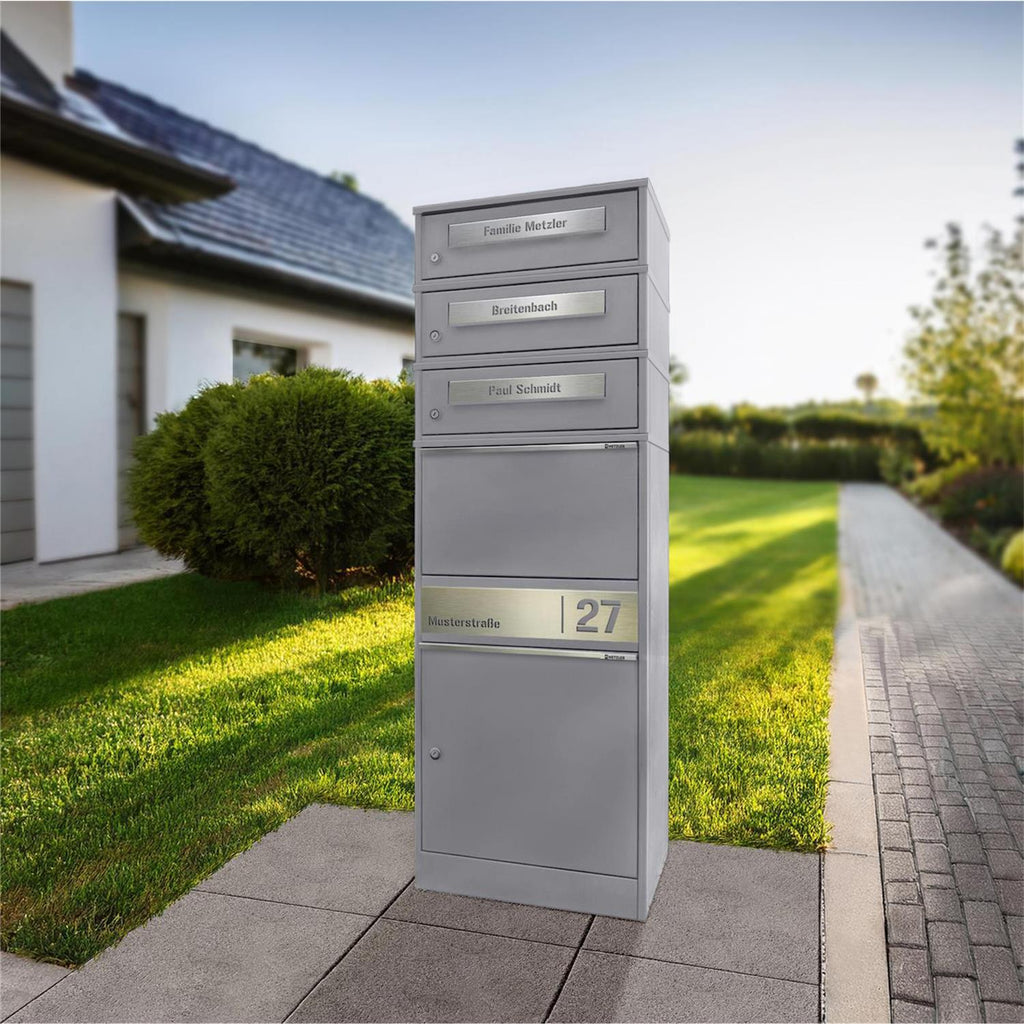 Metzler Paketbox mit 3 Briefkästen | personalisiert mit Gravur | Edelstahl-Namensschild | mit Briefeinwurf | Bispo 2