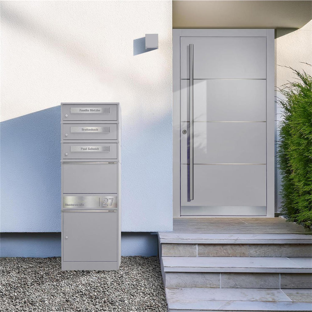 Metzler Paketbox mit 3 Briefkästen | personalisiert mit Gravur | Edelstahl-Namensschild | mit Briefeinwurf | Bispo 2