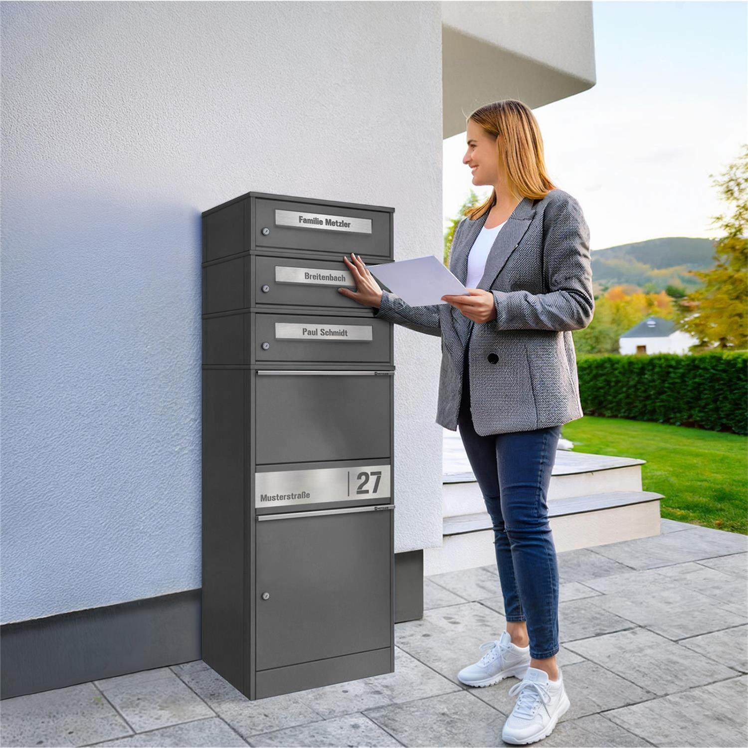 Metzler Paketbox mit 3 Briefkästen | personalisiert mit Gravur | Edelstahl-Namensschild | mit Briefeinwurf | Bispo 2