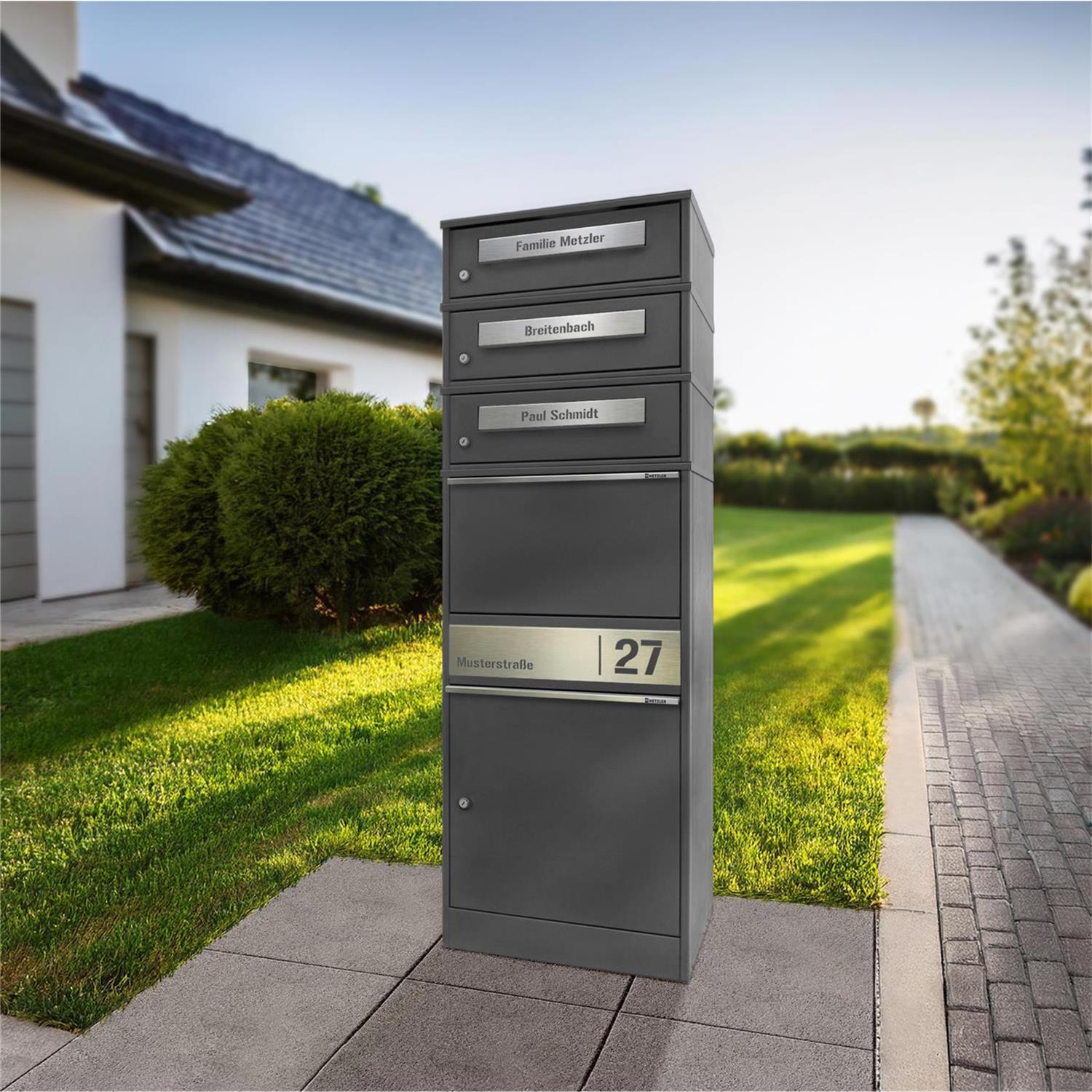 Metzler Paketbox mit 3 Briefkästen | personalisiert mit Gravur | Edelstahl-Namensschild | mit Briefeinwurf | Bispo 2