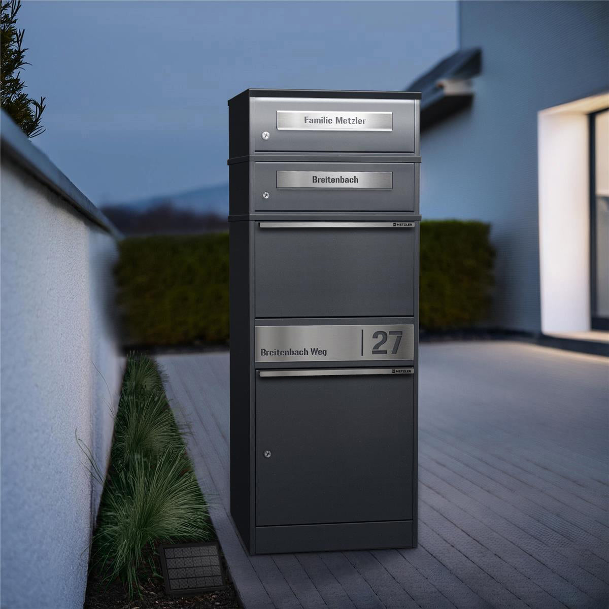 Metzler Paketbox mit 2 Briefkästen | LED | personalisiert mit Gravur | Bispo 2
