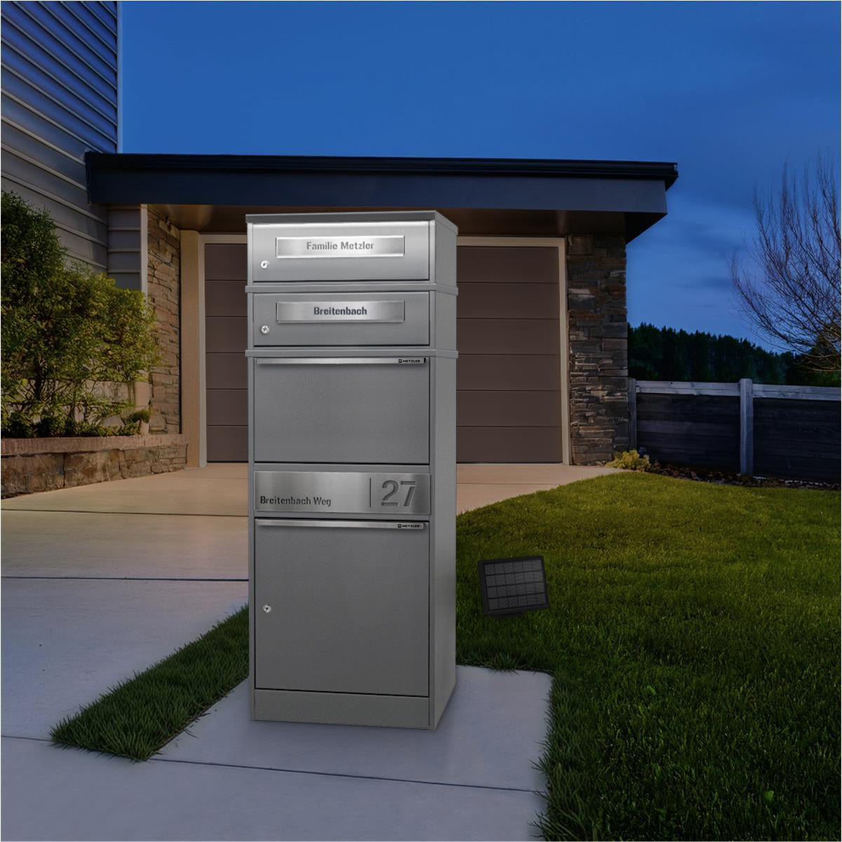 Metzler Paketbox mit 2 Briefkästen | LED | personalisiert mit Gravur | Bispo 2