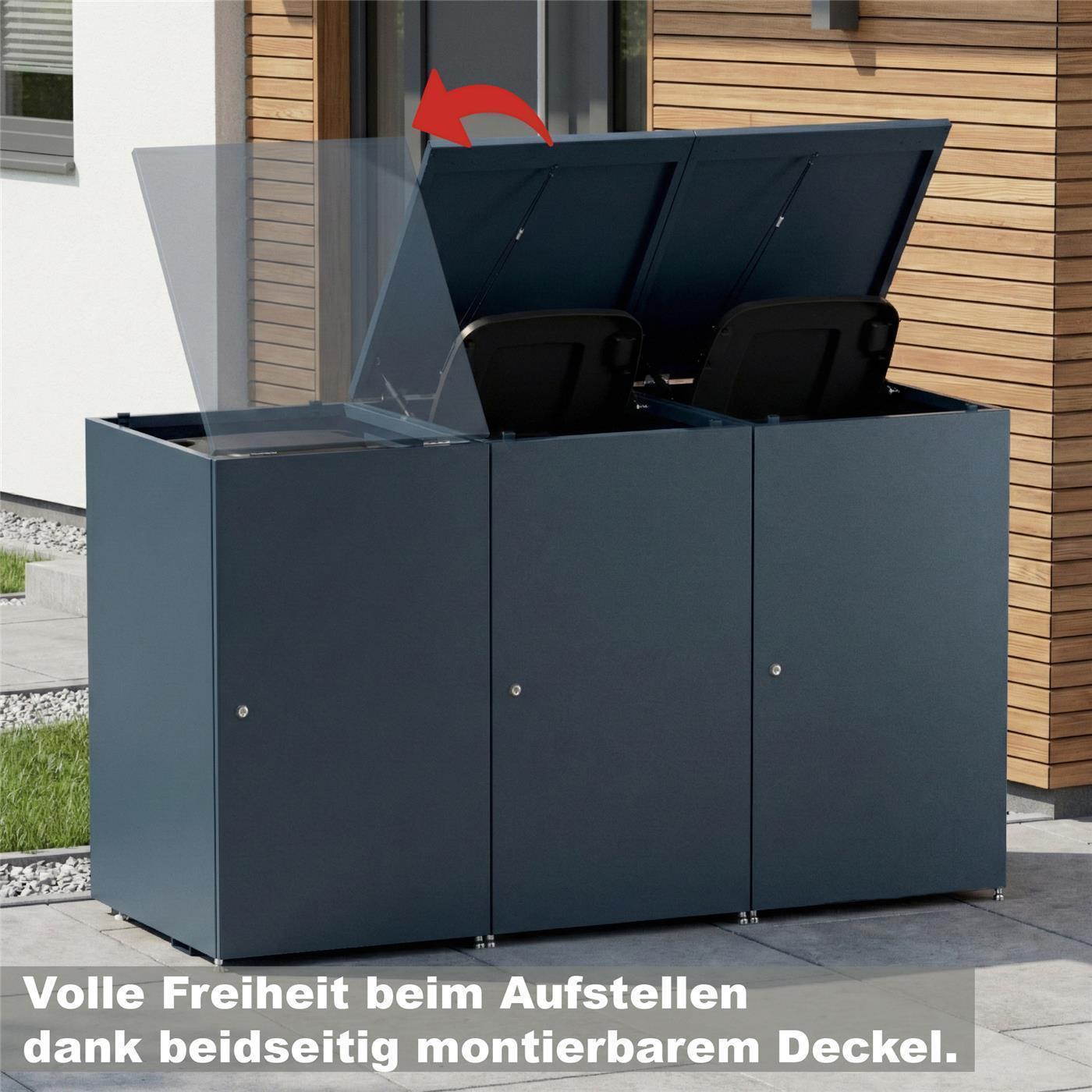 Metzler Mülltonnenbox | 3er mit Paketbox | Extra großes Volumen | Aus Aluminium | Höhenverstellbare Füße | Anthrazit
