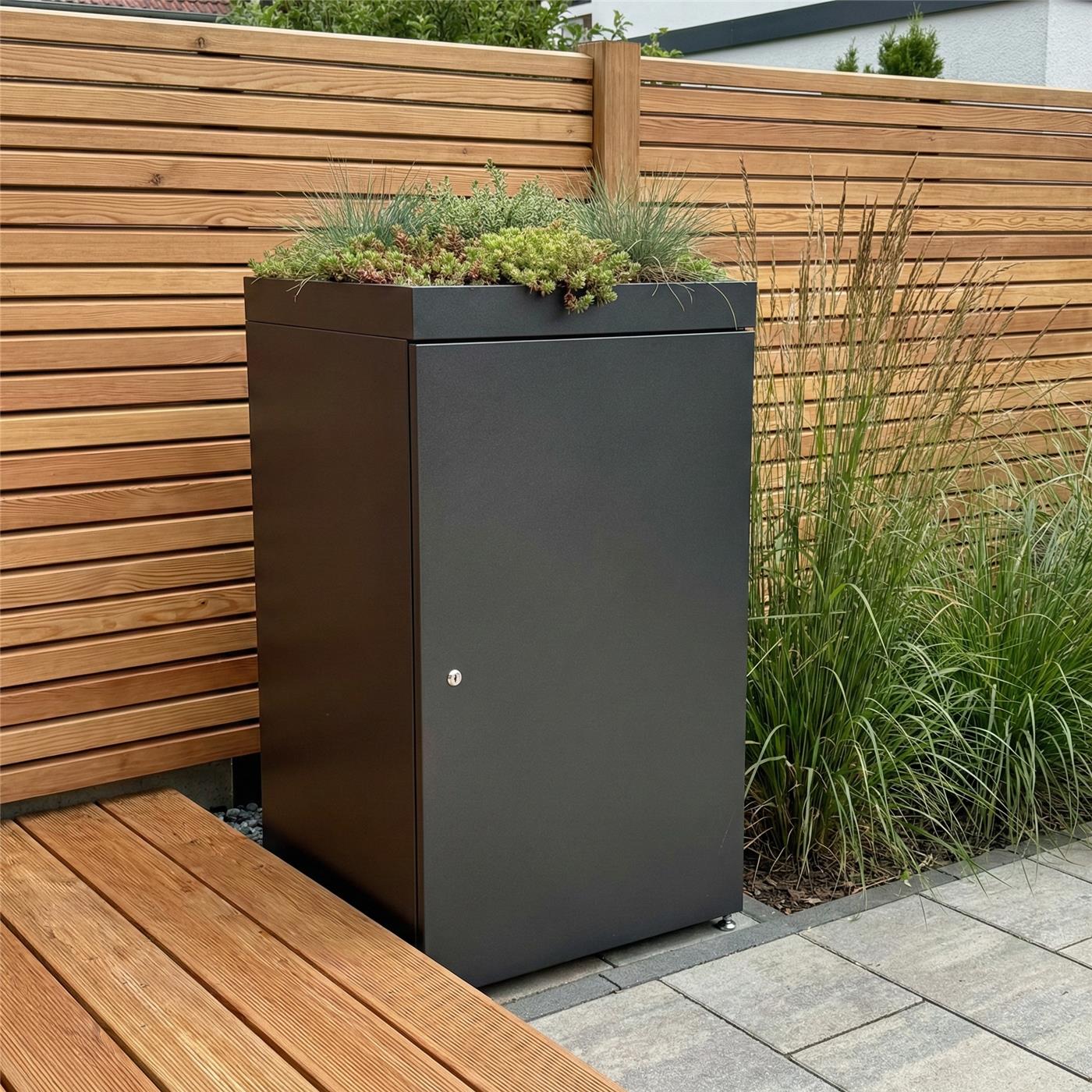 Metzler Mülltonnenbox mit Pflanzdach | 1er | 240l | aus Aluminium | rostfrei & massiv
