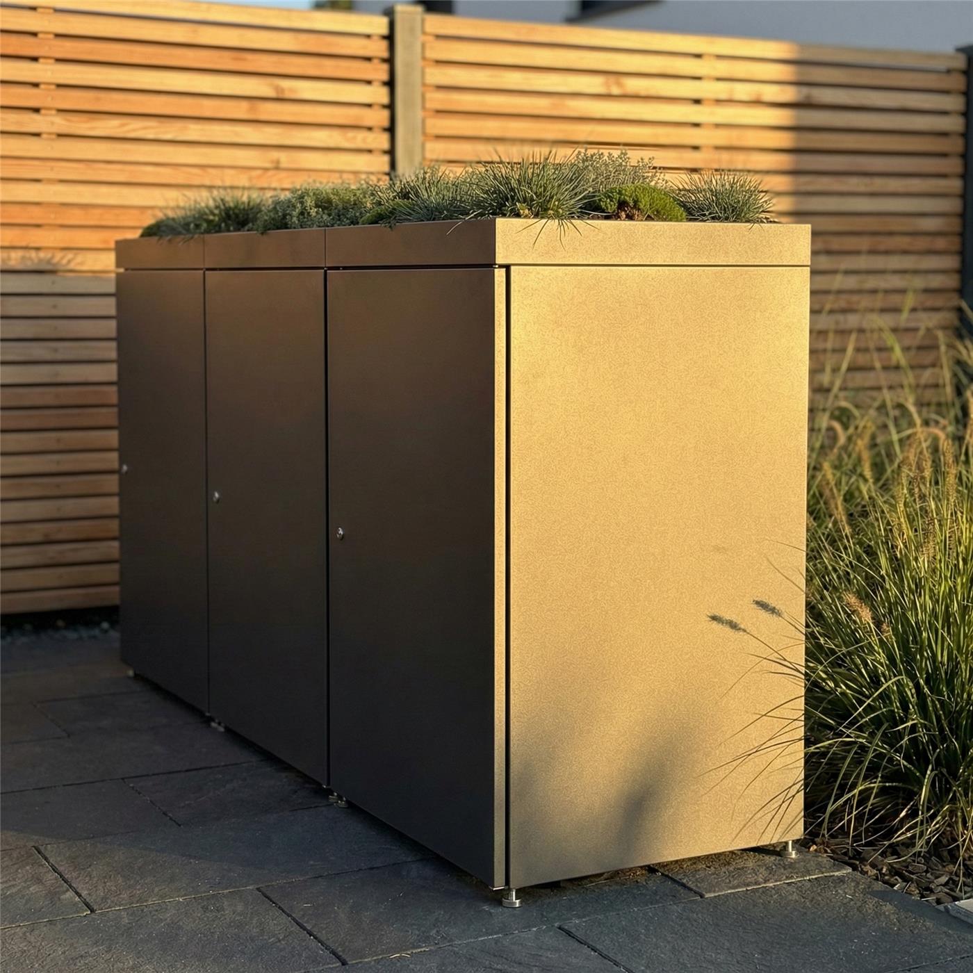 Metzler Mülltonnenbox mit Pflanzdach | 3er | 240l | aus Aluminium | rostfrei & massiv