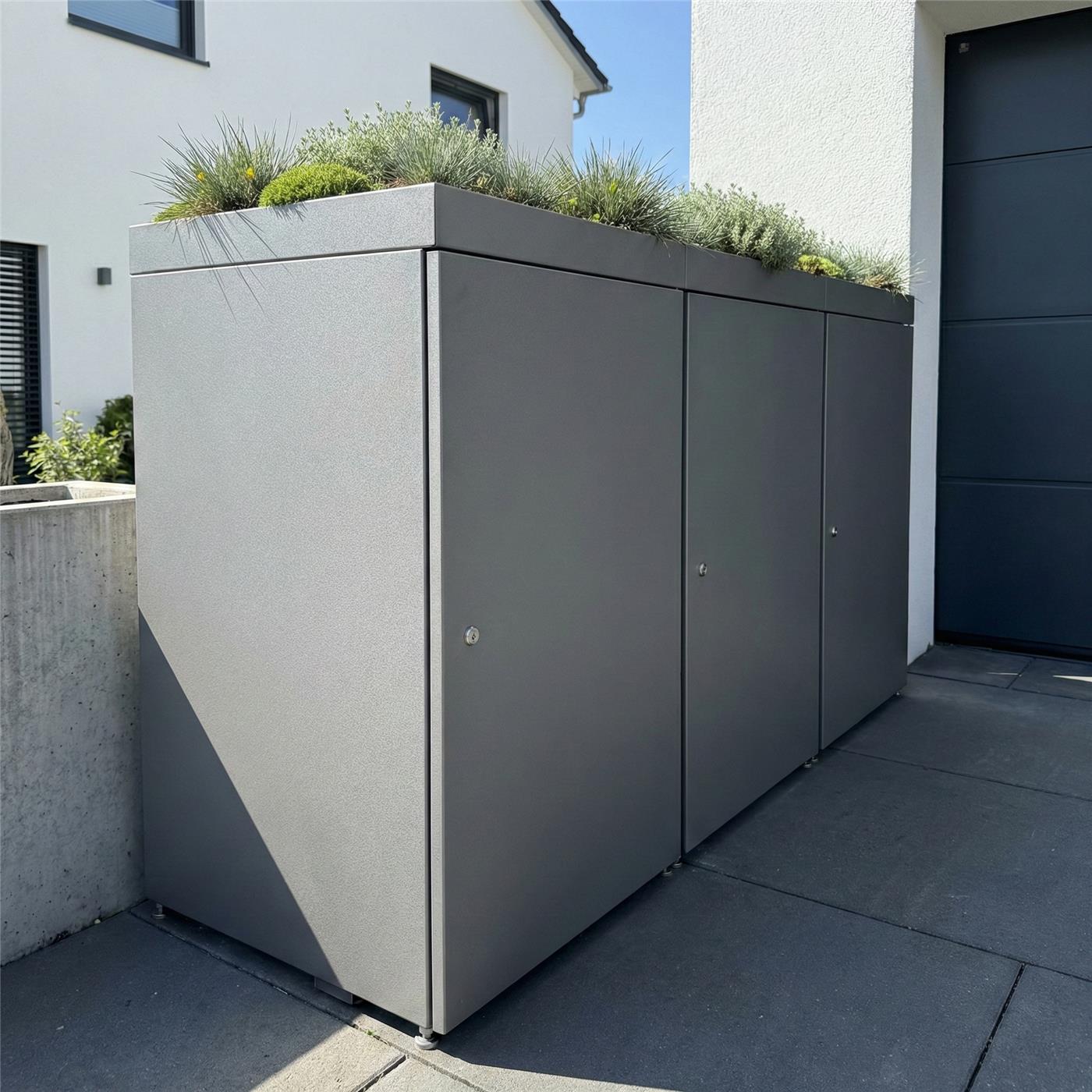 Metzler Mülltonnenbox mit Pflanzdach | 3er | 240l | aus Aluminium | rostfrei & massiv