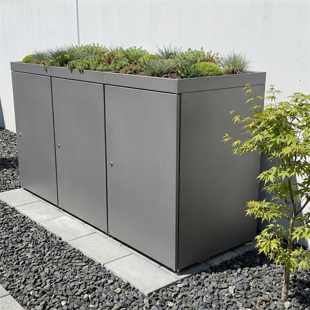 Metzler Mülltonnenbox mit Pflanzdach | 3er | 240l | aus Aluminium | rostfrei & massiv
