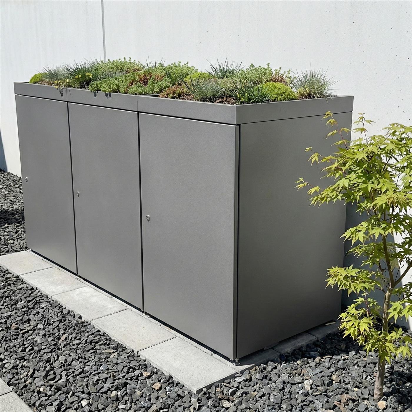 Metzler Mülltonnenbox mit Pflanzdach | 3er | 240l | aus Aluminium | rostfrei & massiv