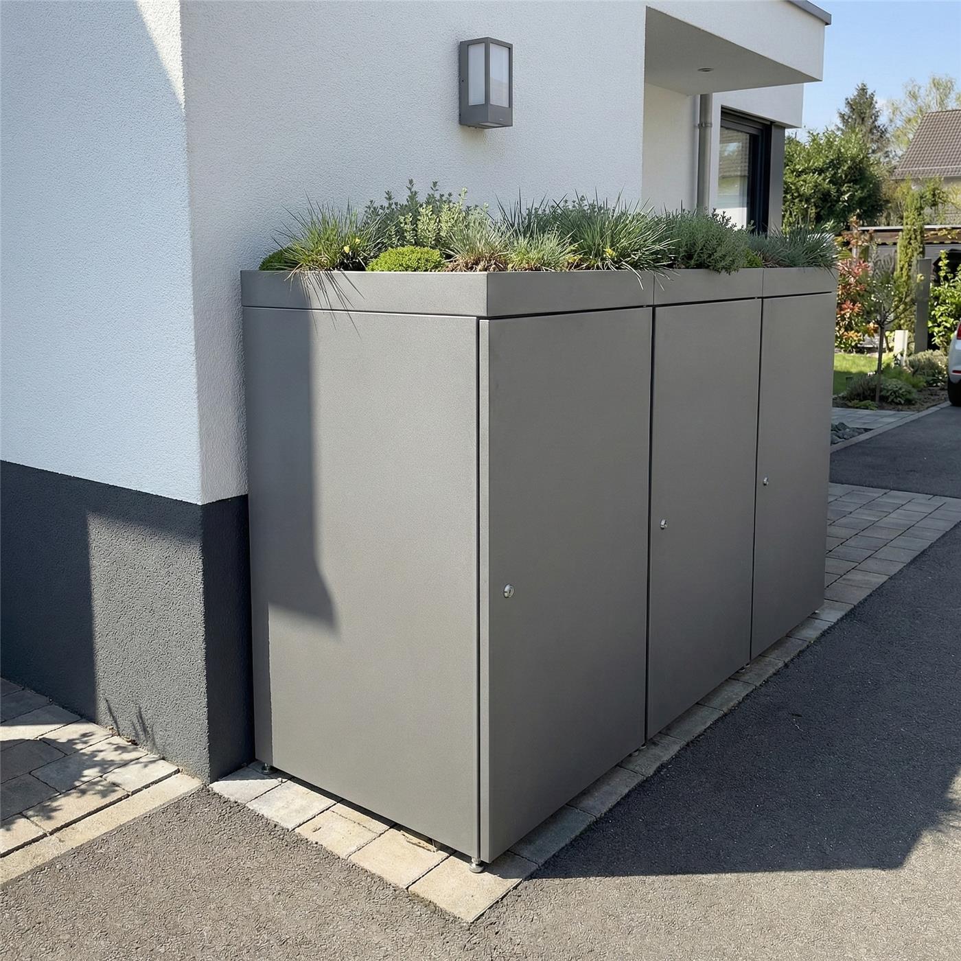 Metzler Mülltonnenbox mit Pflanzdach | 3er | 240l | aus Aluminium | rostfrei & massiv