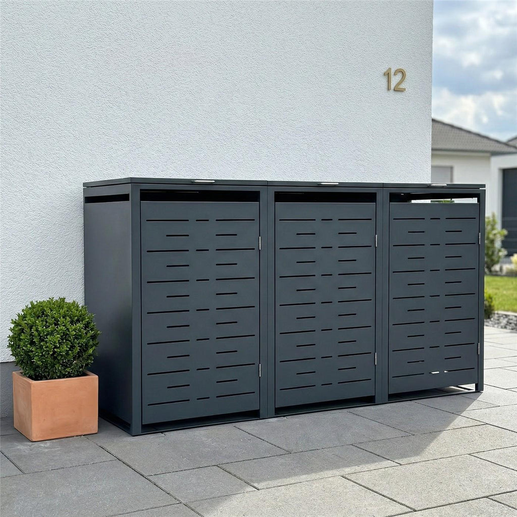 Metzler Design-Mülltonnenbox | 3er | 240l | Anthrazit RAL 7016 | horizontale Designlinien | Nexus