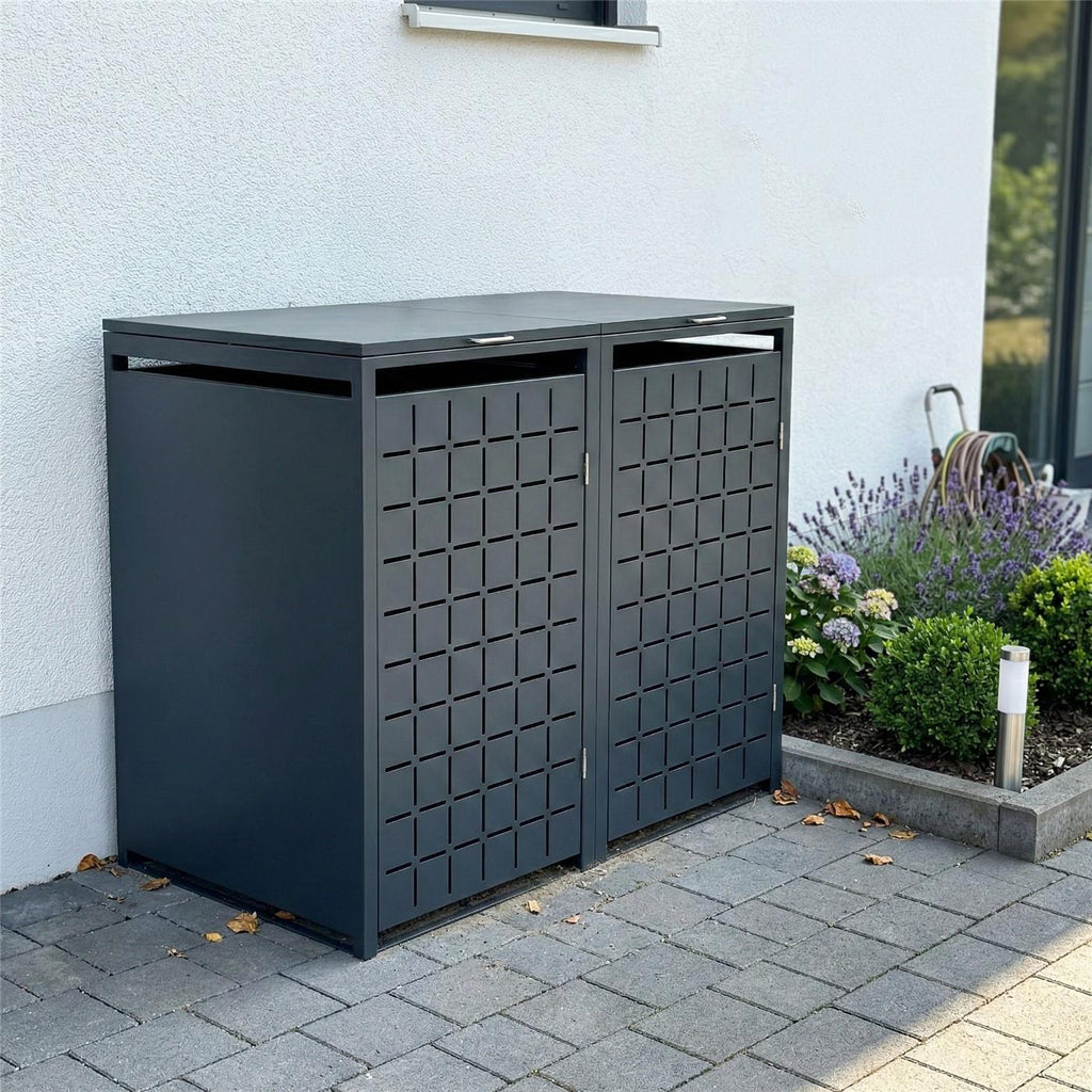 Metzler Design-Mülltonnenbox | 2er | 240l | Anthrazit RAL 7016 | Quadratmuster | Geo