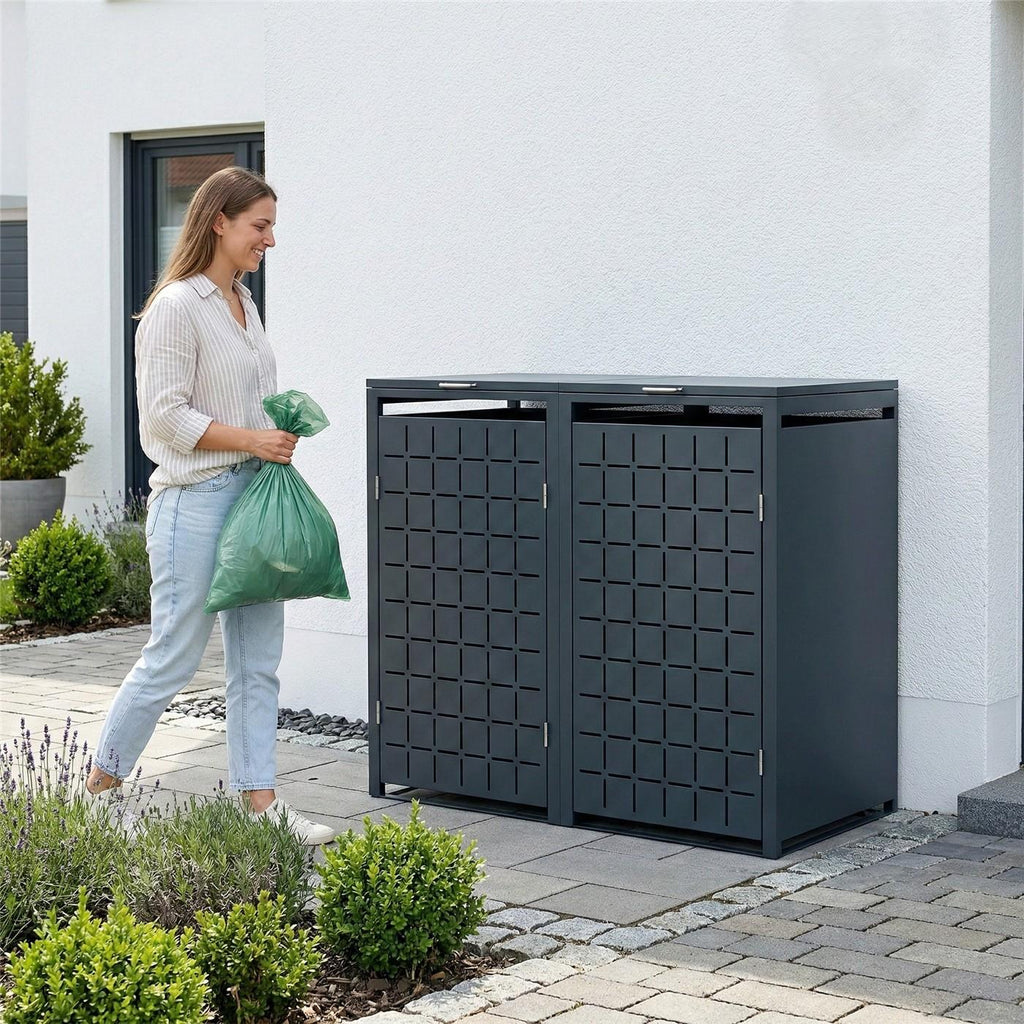 Metzler Design-Mülltonnenbox | 2er | 240l | Anthrazit RAL 7016 | Quadratmuster | Geo