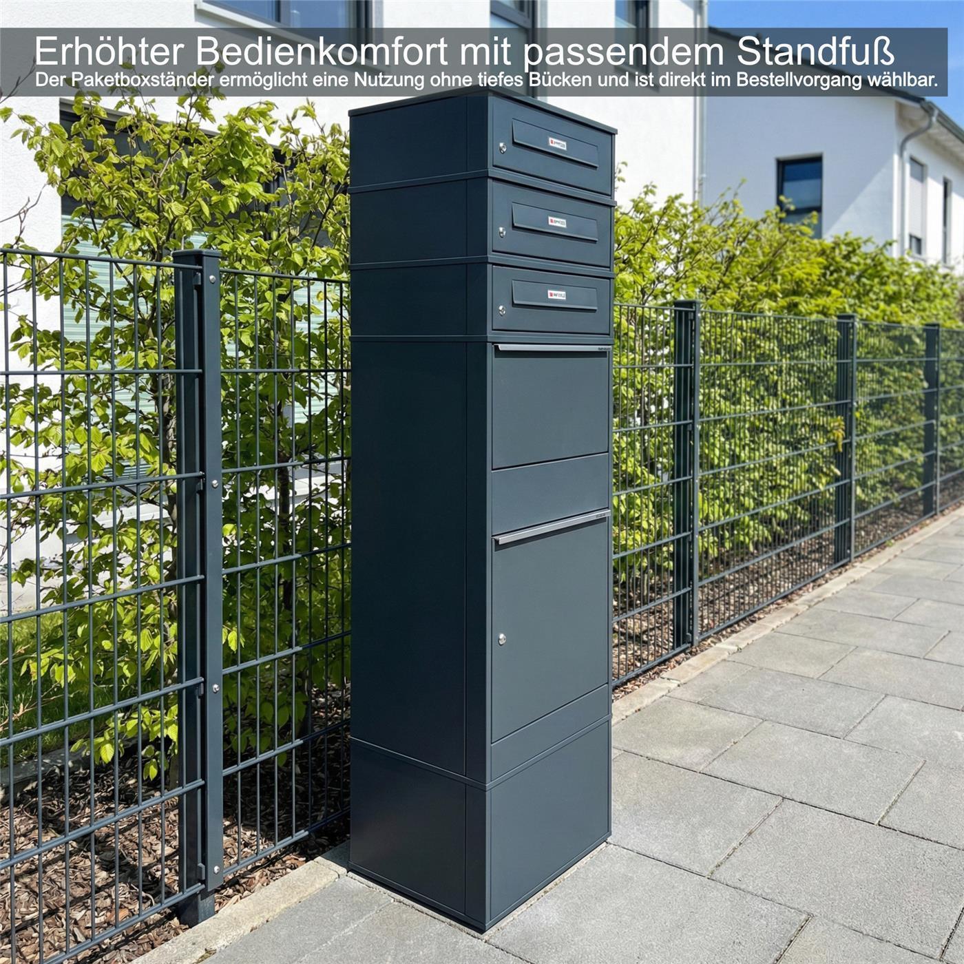 Metzler Paketbox mit 3 Briefkästen | dreifacher Briefeinwurf | für Pakete bis zur Größe M | rostfrei | Bispo