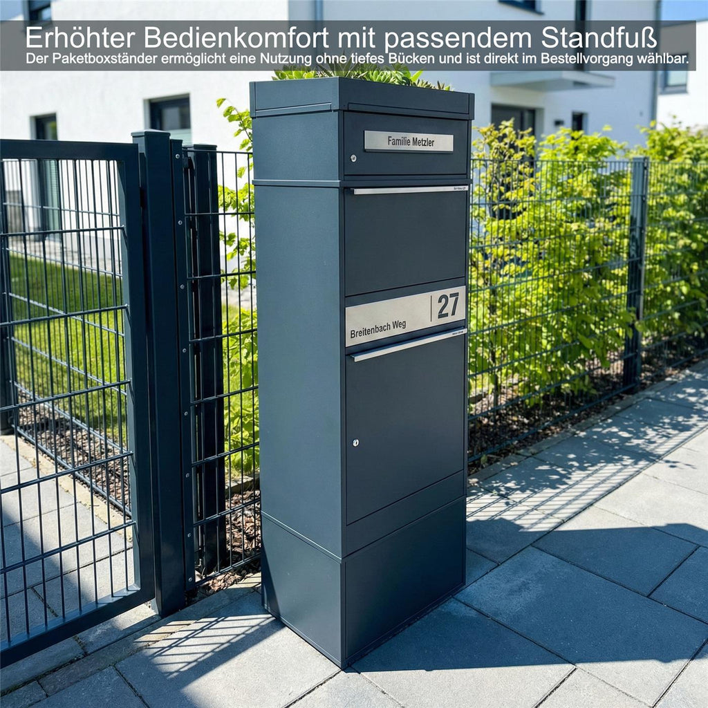 Metzler Paketbox mit Pflanzdach | personalisiert mit Gravur | Edelstahl-Namensschild | mit Briefeinwurf | Bispo 2