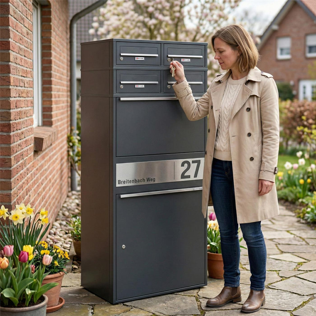 Metzler Paketbox XL mit vier Briefkästen | austauschbare Papiereinleger | personalisiert mit Gravur | Bispo Max 2