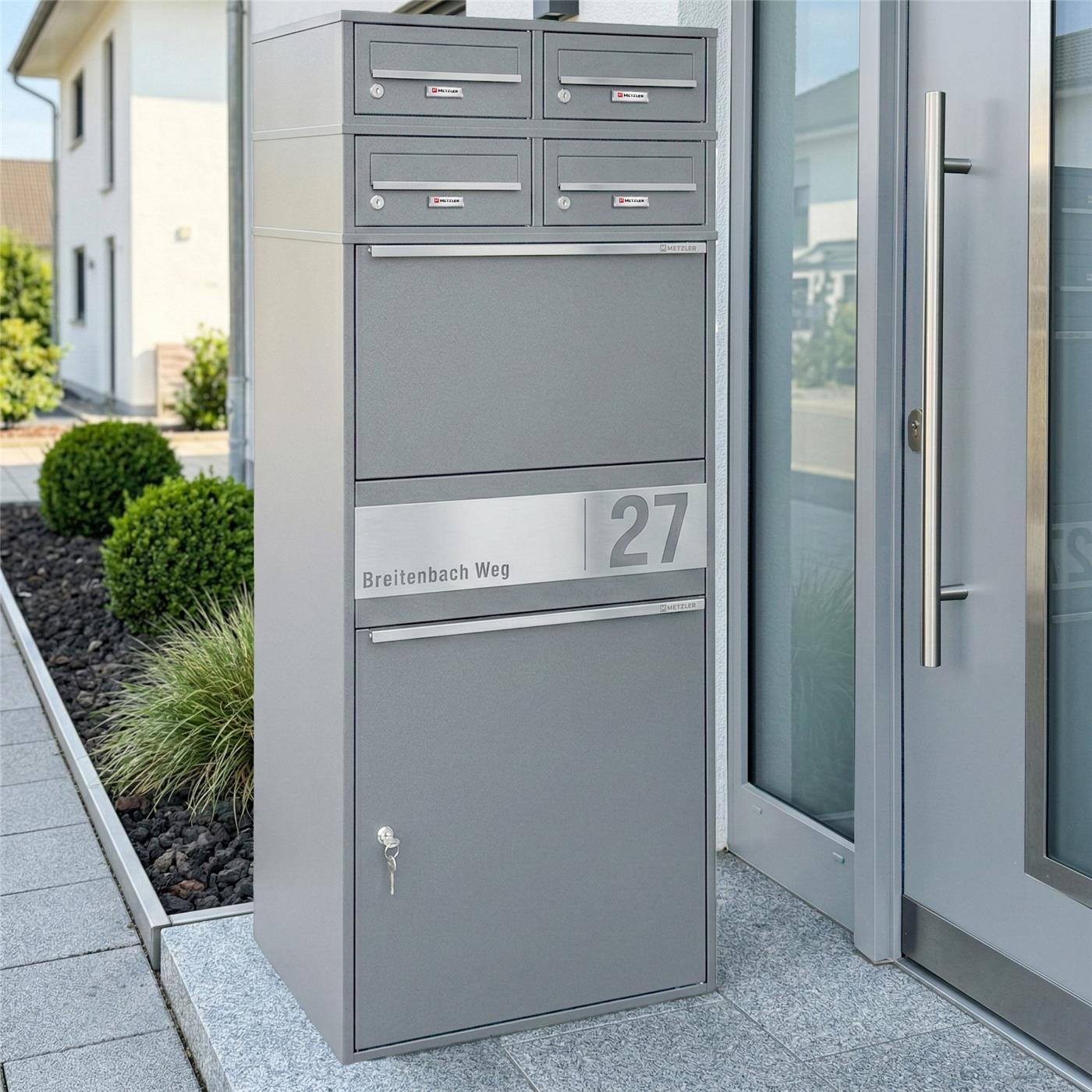 Metzler Paketbox XL mit vier Briefkästen | austauschbare Papiereinleger | personalisiert mit Gravur | Bispo Max 2