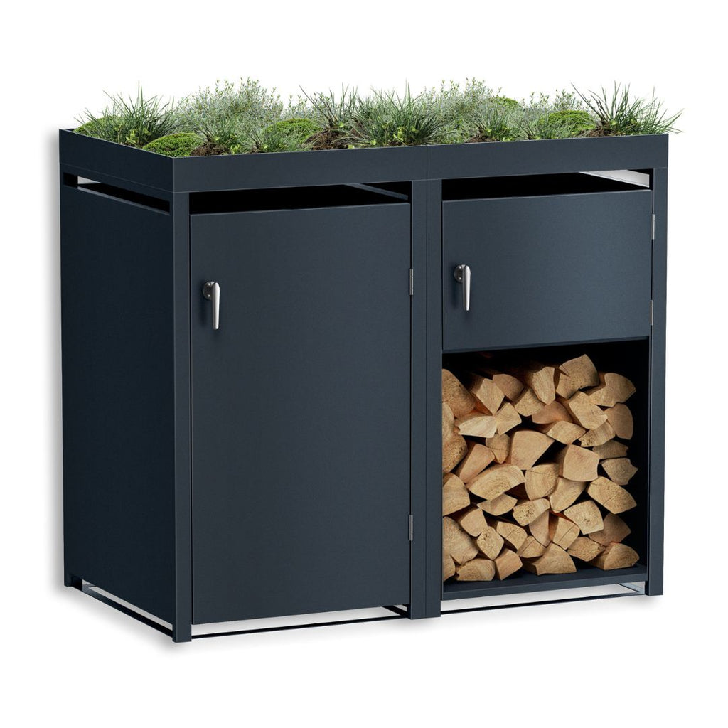 Metzler Mülltonnenbox mit Pflanzdach und Brennholzregal | 2er | 240l | Anthrazit RAL 7016  | aus Stahl | rostfrei & massiv