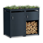 Metzler Mülltonnenbox mit Pflanzdach und Brennholzregal | 2er | 240l | Anthrazit RAL 7016  | aus Stahl | rostfrei & massiv