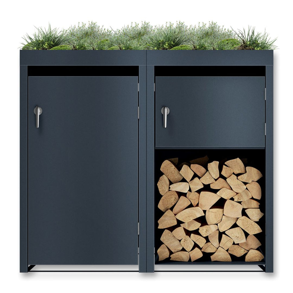 Metzler Mülltonnenbox mit Pflanzdach und Brennholzregal | 2er | 240l | Anthrazit RAL 7016  | aus Stahl | rostfrei & massiv