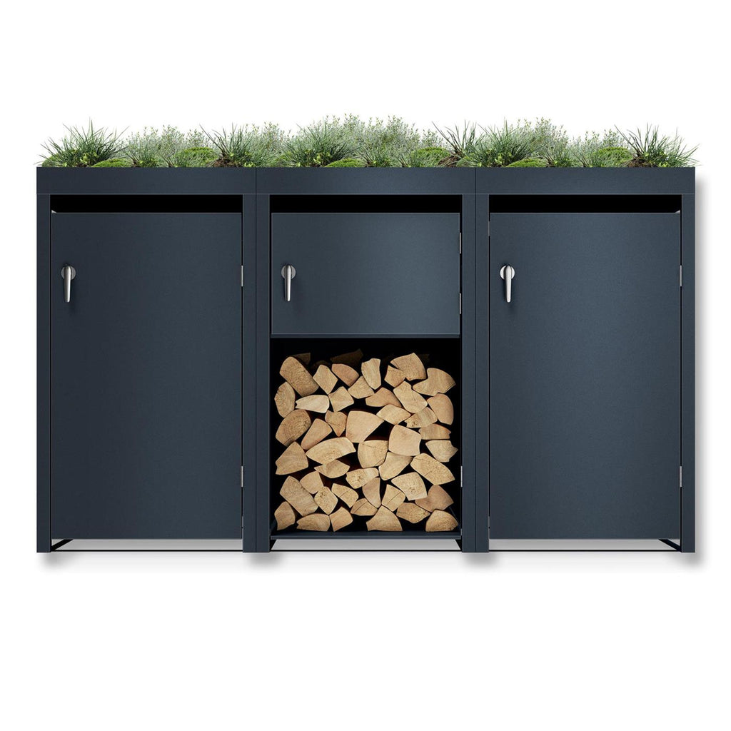 Metzler Mülltonnenbox mit Pflanzdach und Brennholzregal | 3er | 240l | Anthrazit RAL 7016  | aus Stahl | rostfrei & massiv